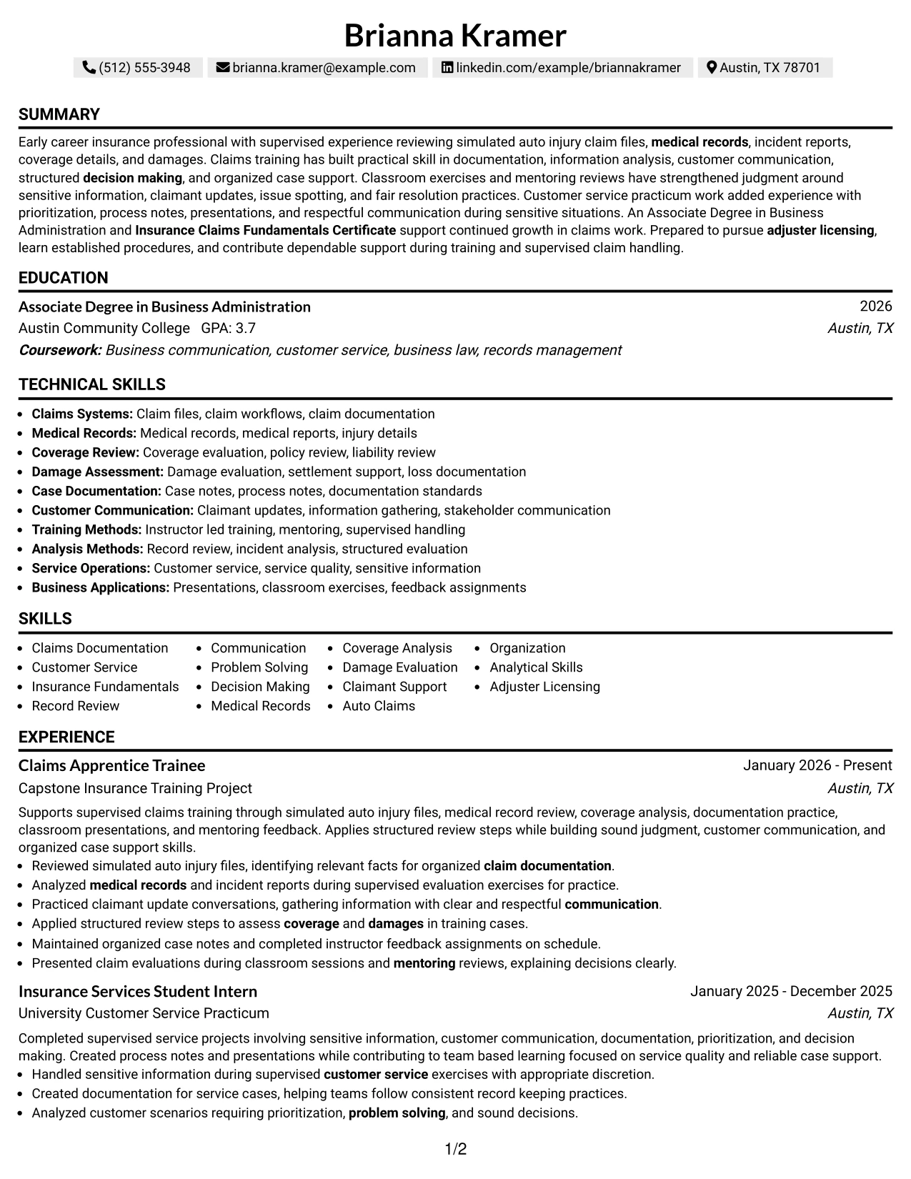 Resume Example Page 1