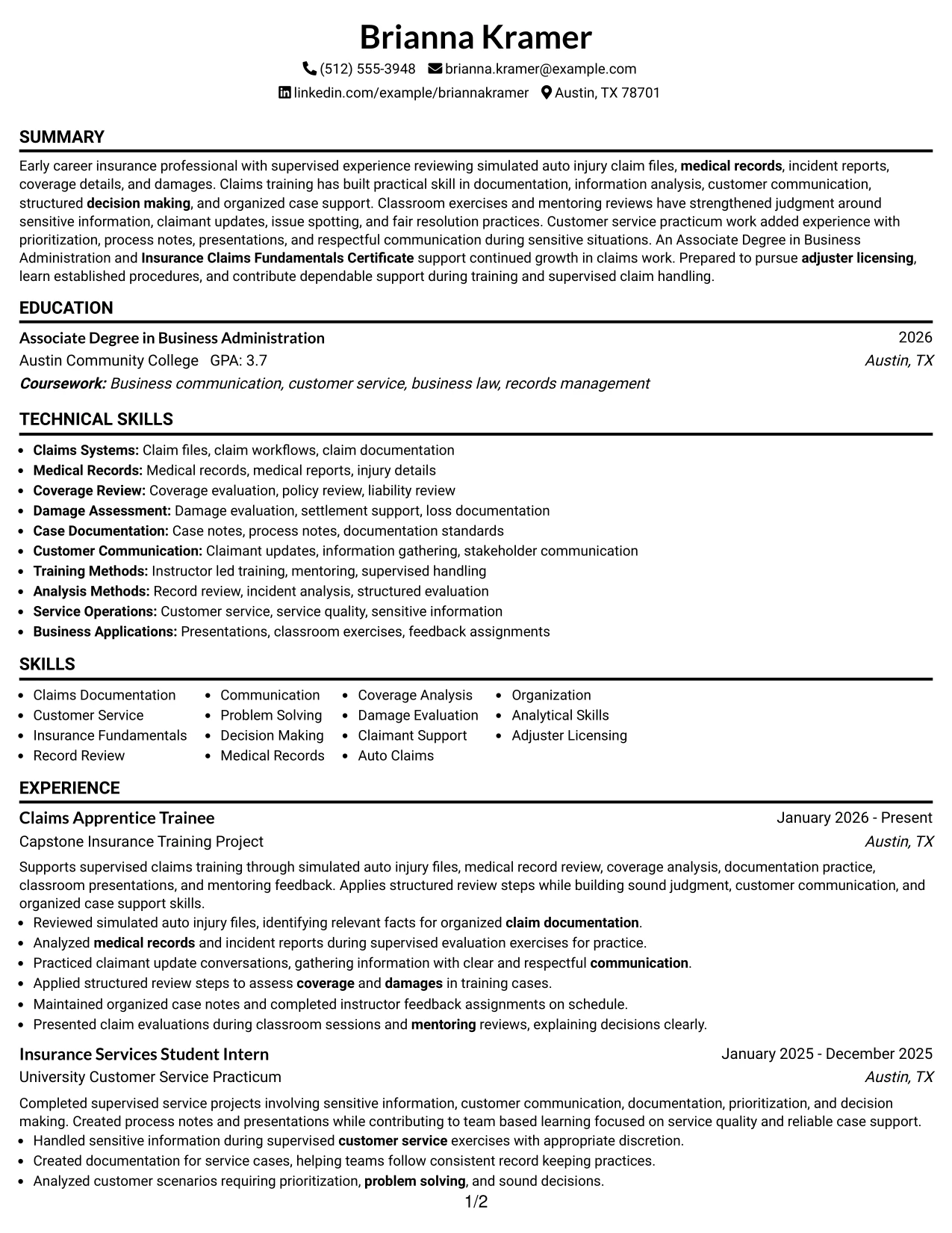 Resume Example Page 1