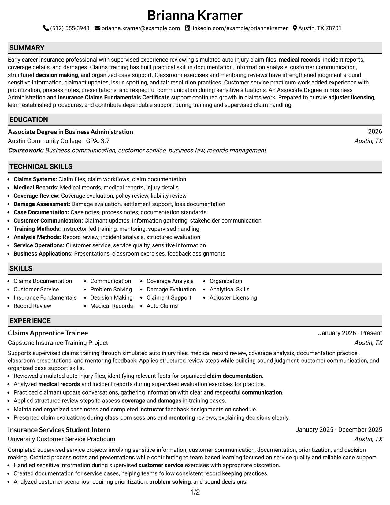 Resume Example Page 1