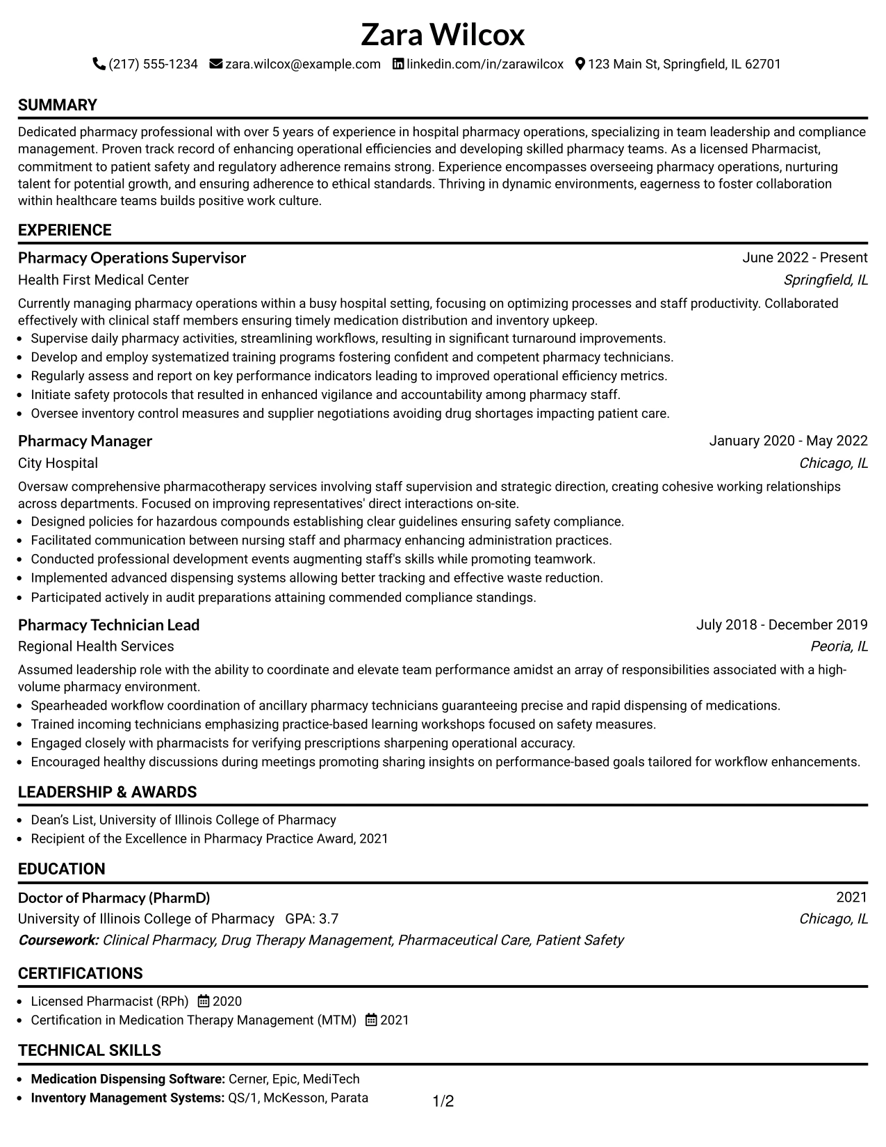 Resume Example Page 1