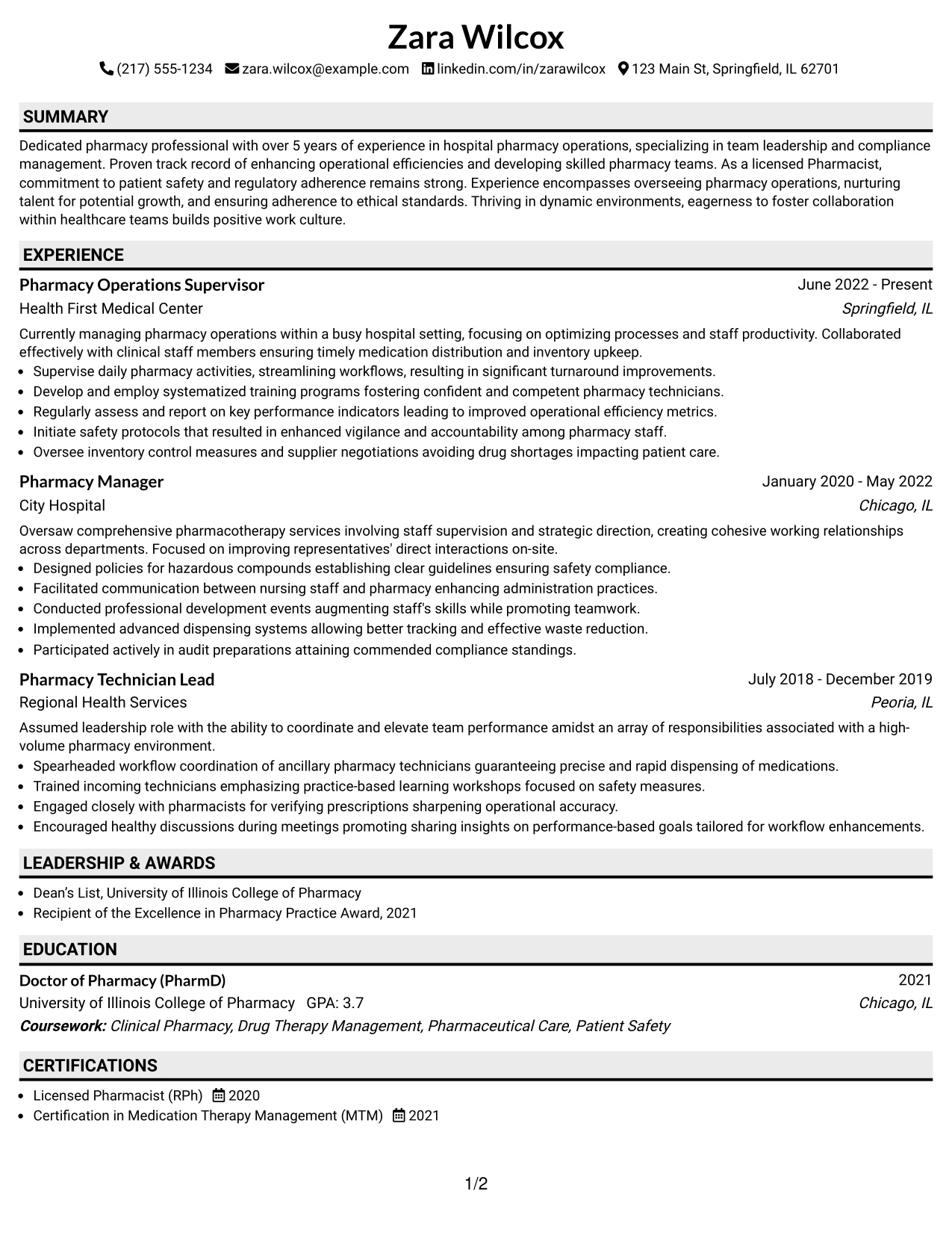 Resume Example Page 1