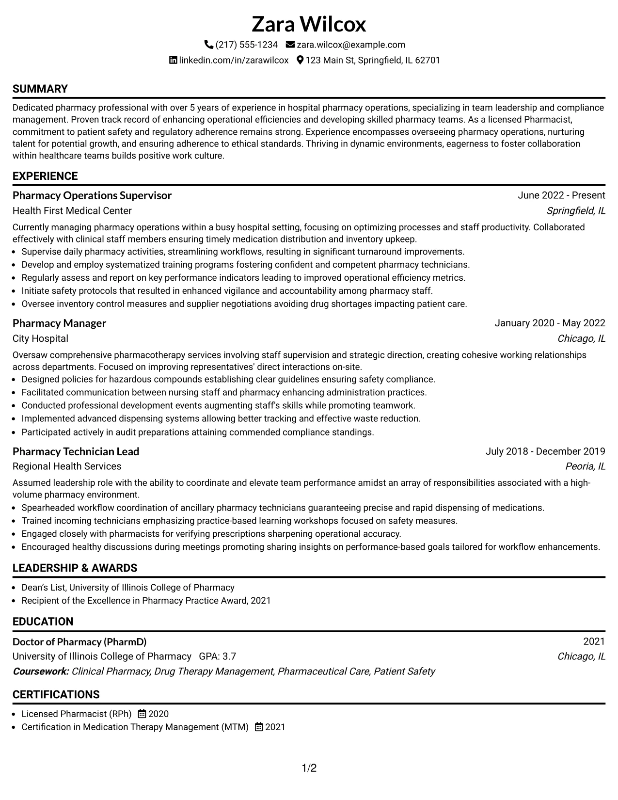 Resume Example Page 1