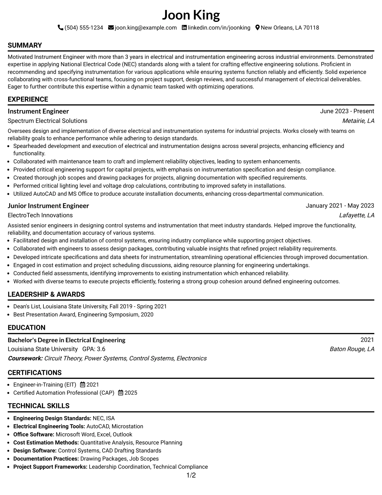 Resume Example Page 1