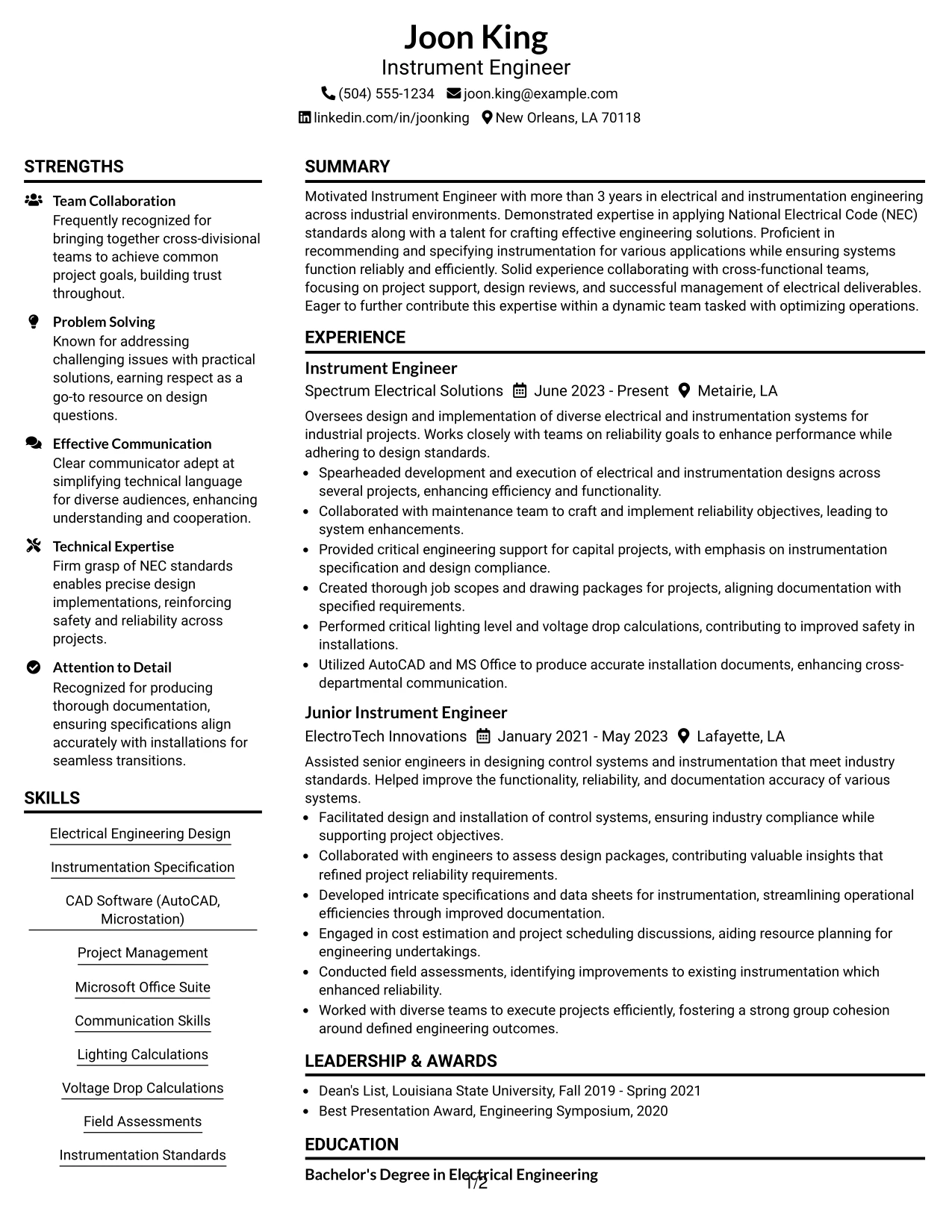 Resume Example Page 1