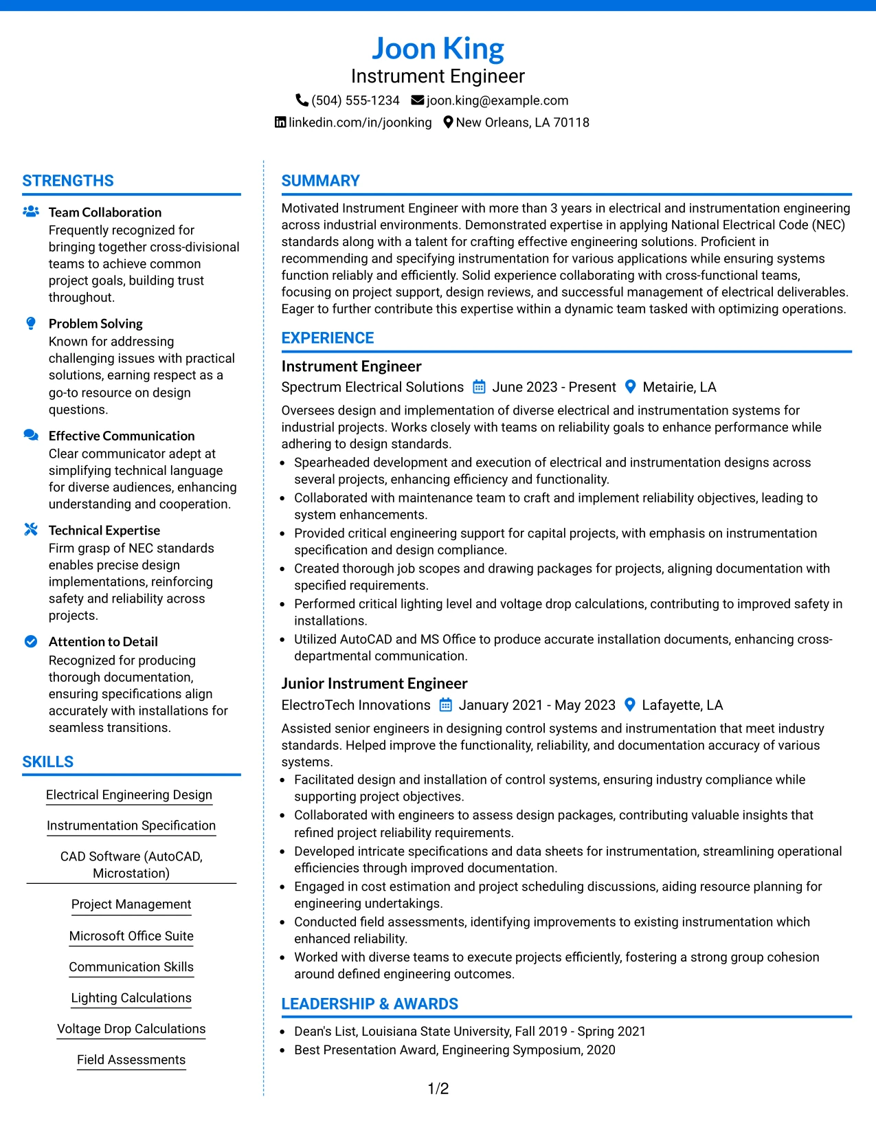 Resume Example Page 1