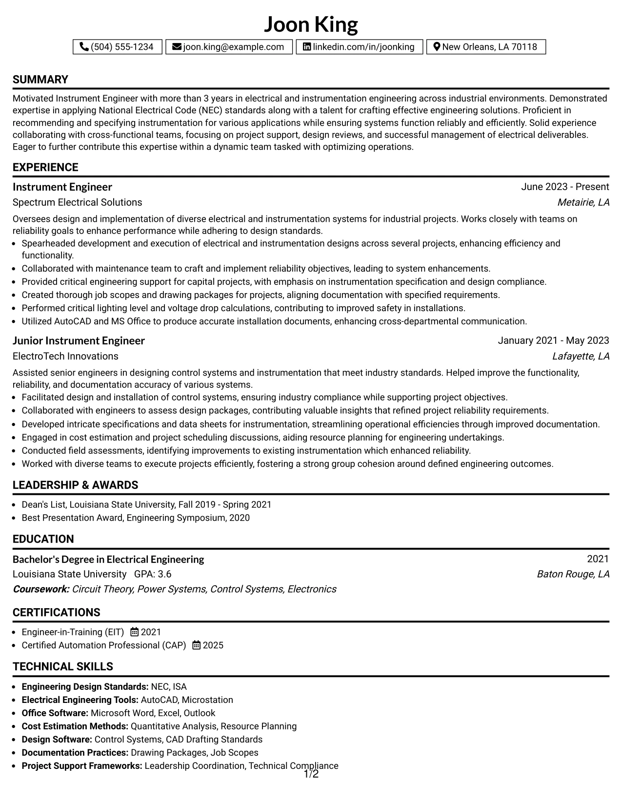 Resume Example Page 1
