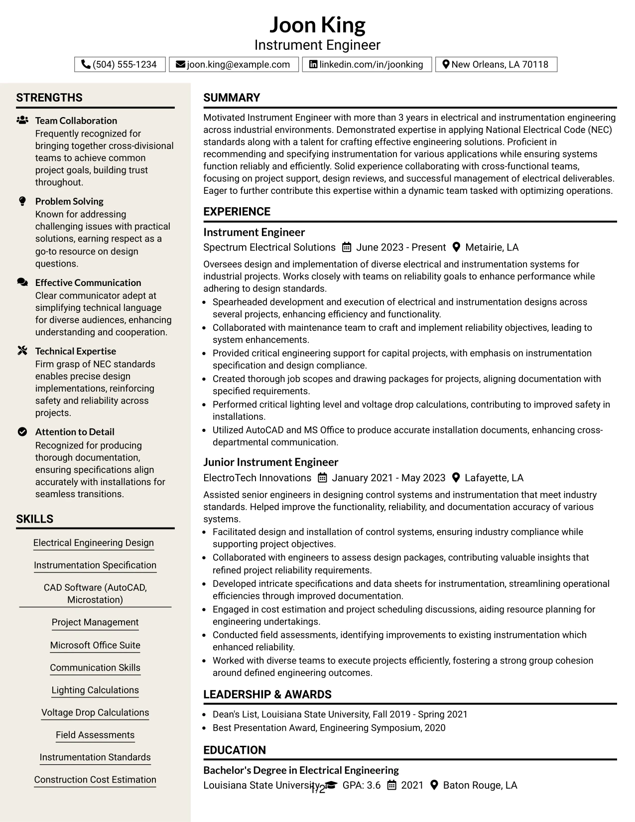 Resume Example Page 1