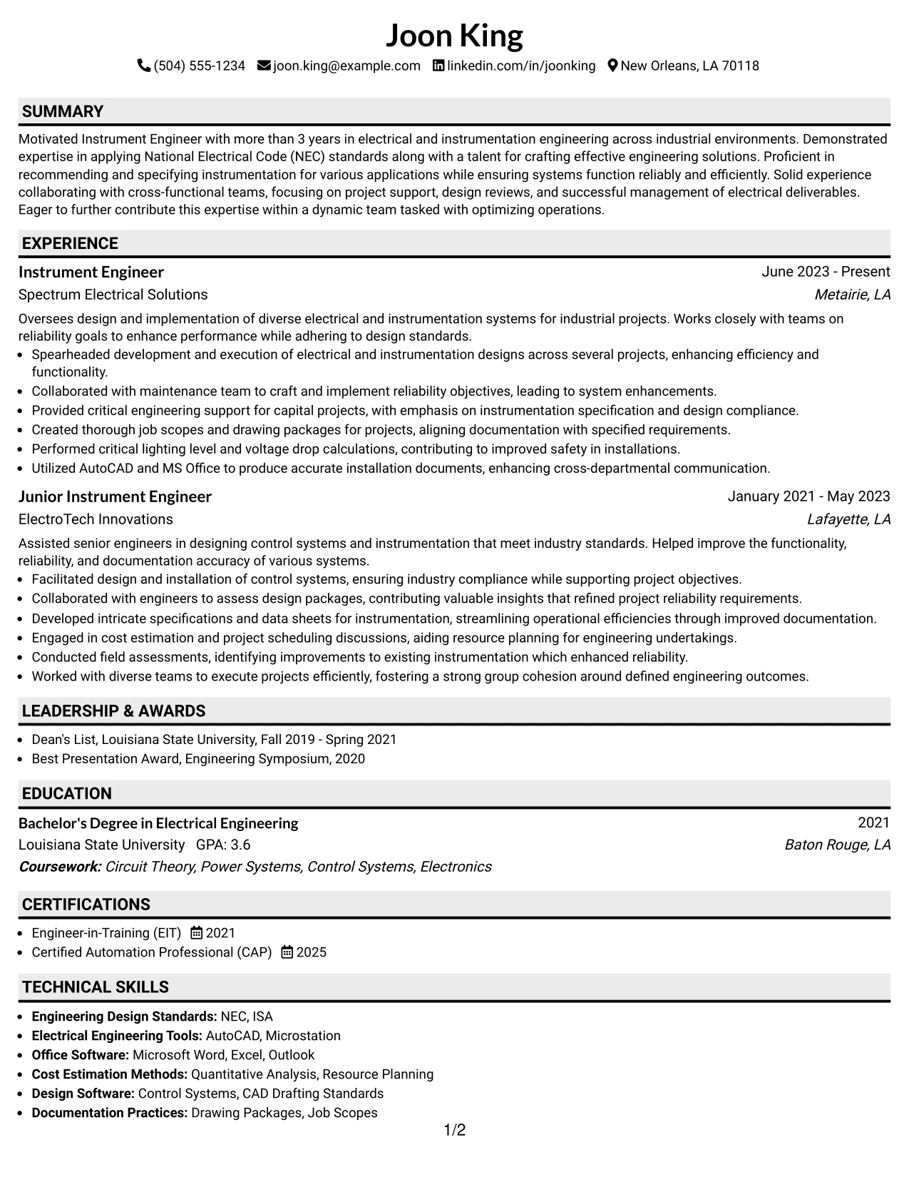 Resume Example Page 1