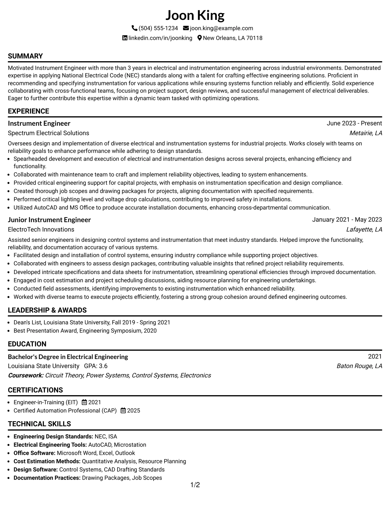 Resume Example Page 1