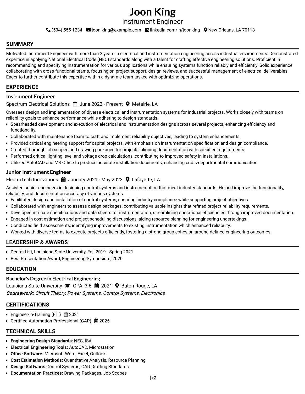 Resume Example Page 1