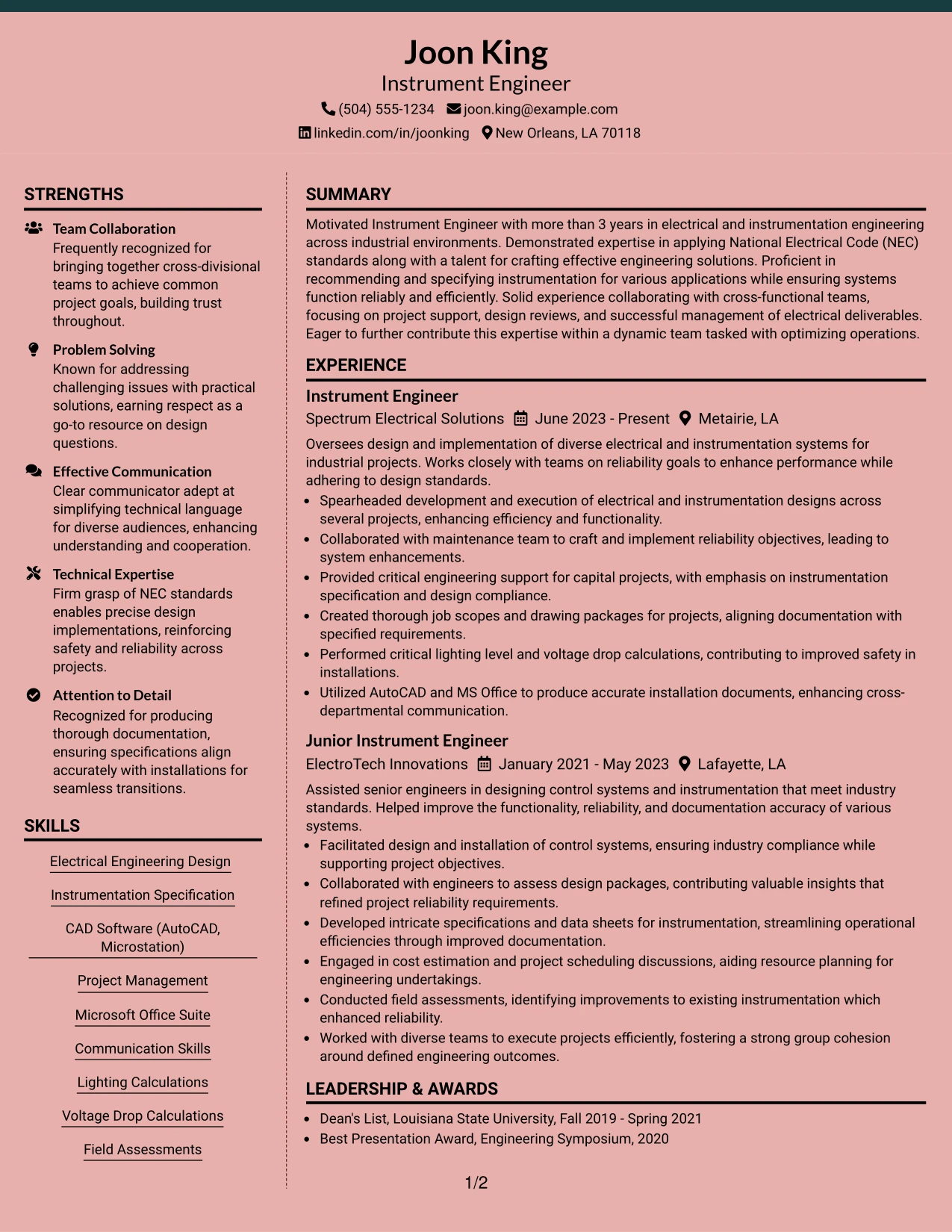 Resume Example Page 1