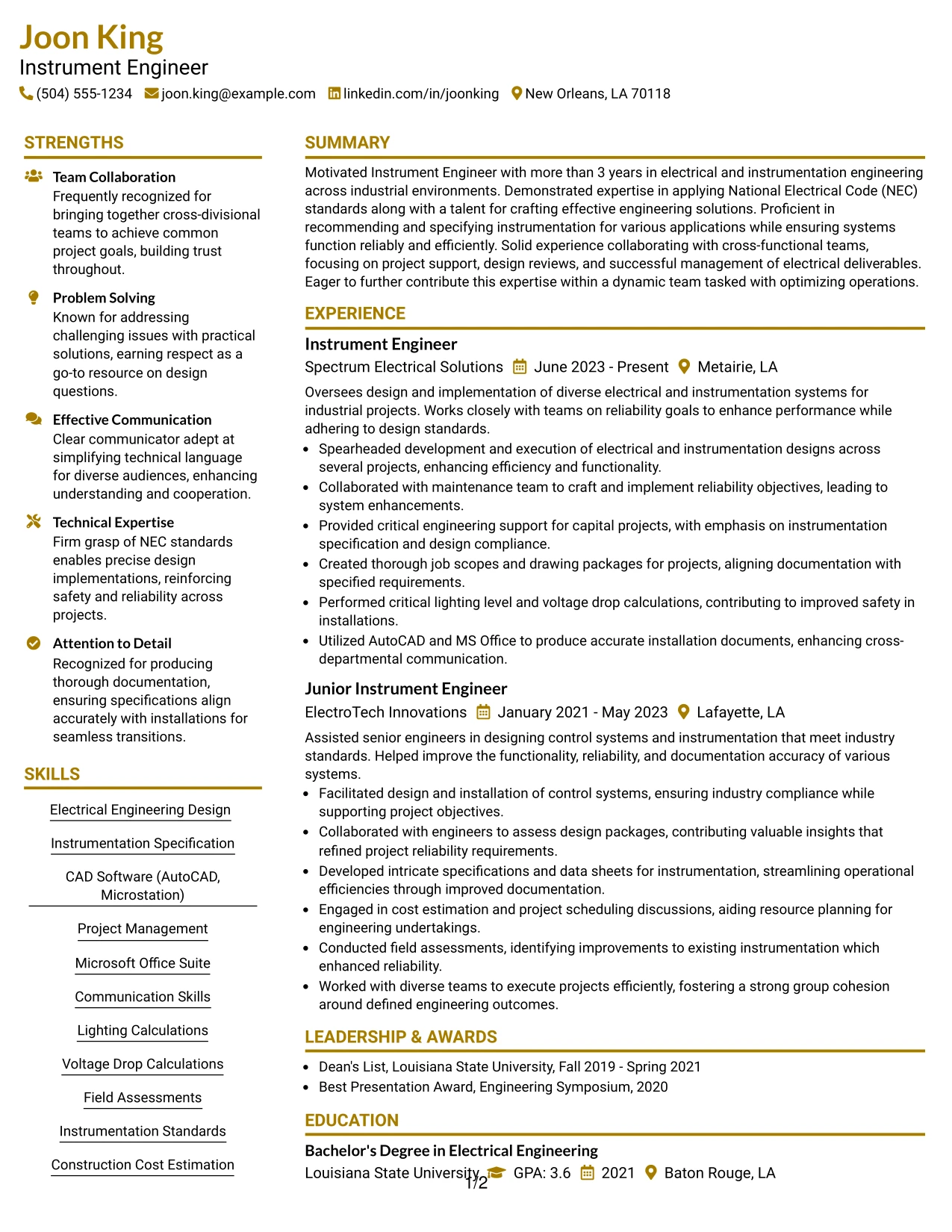 Resume Example Page 1