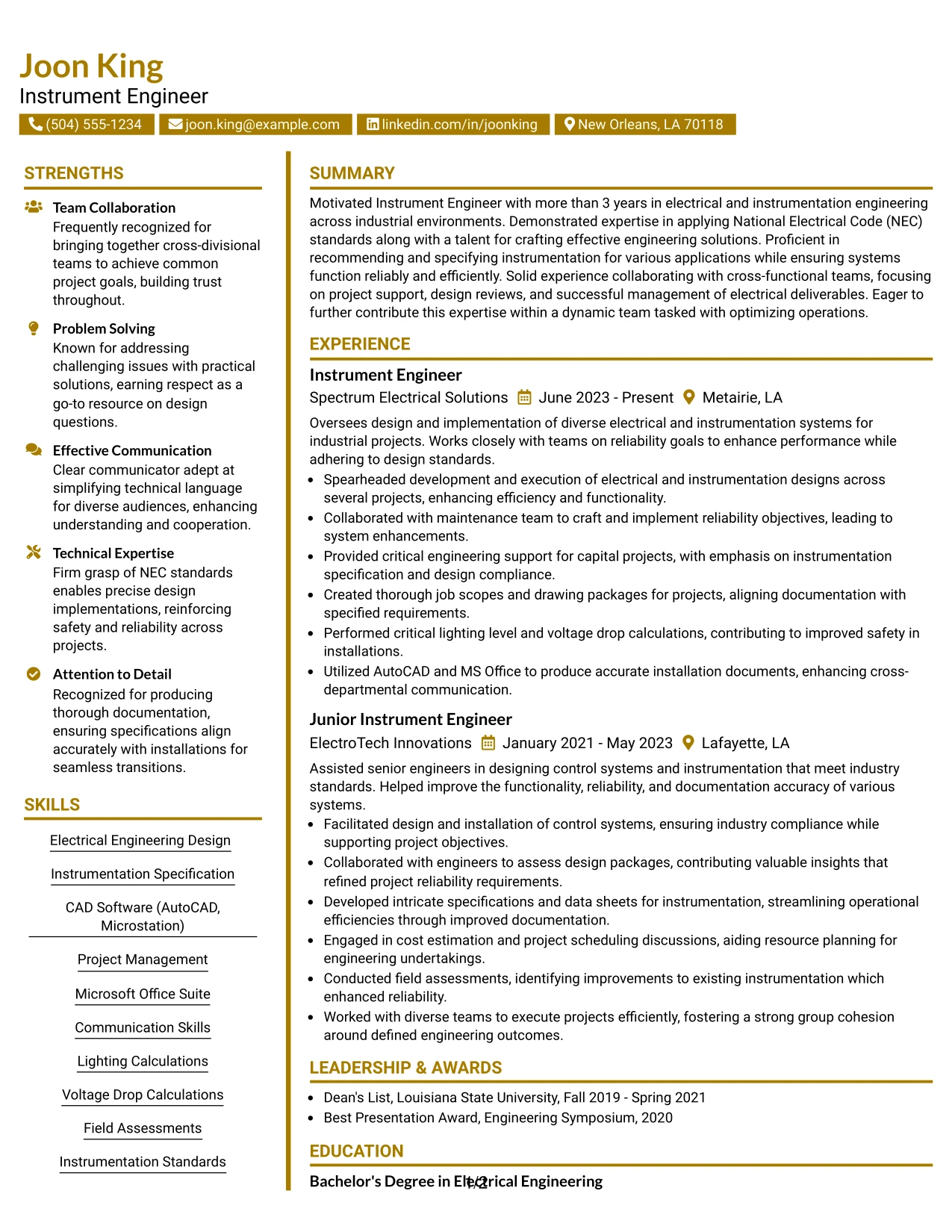 Resume Example Page 1