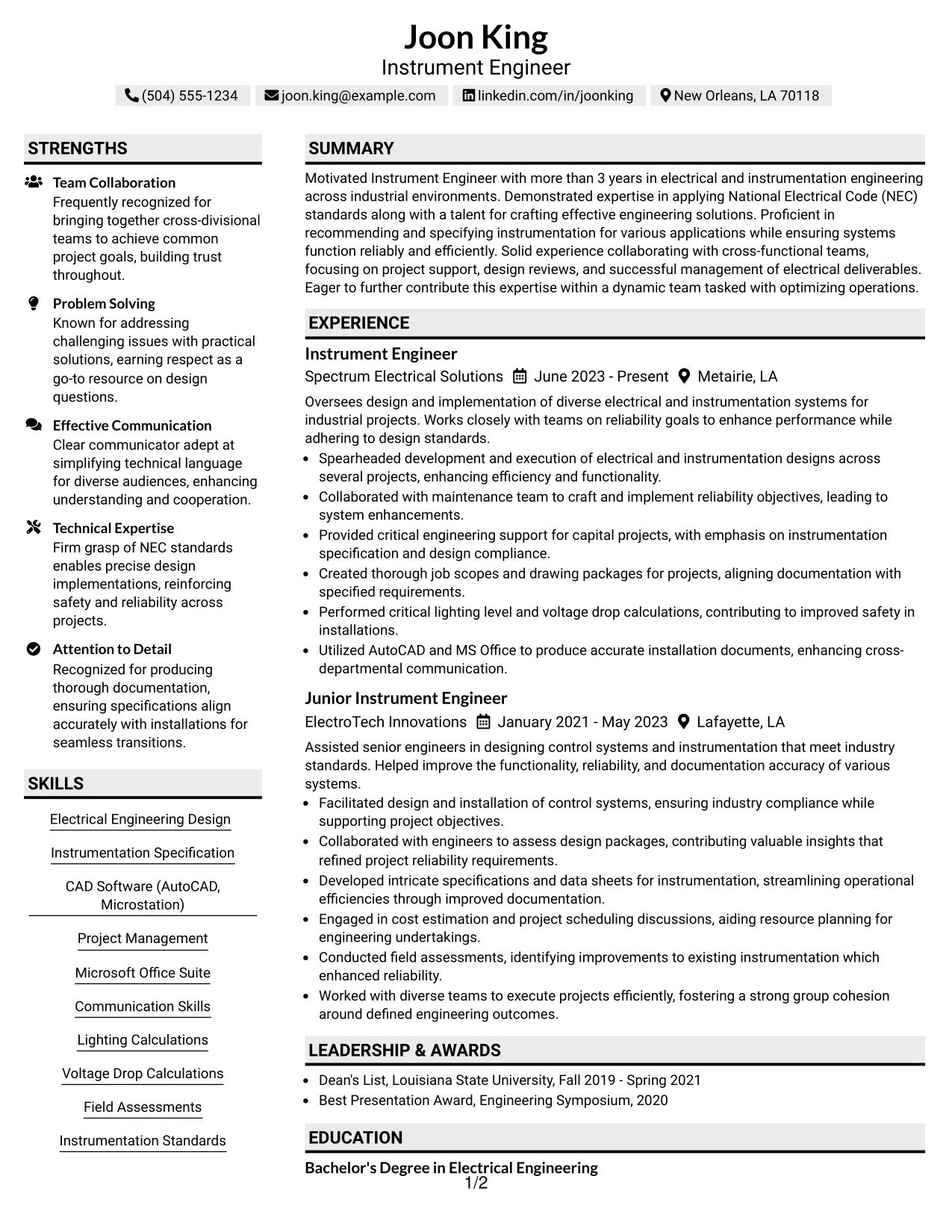 Resume Example Page 1