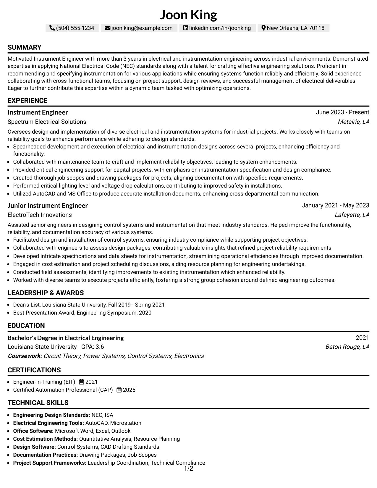 Resume Example Page 1