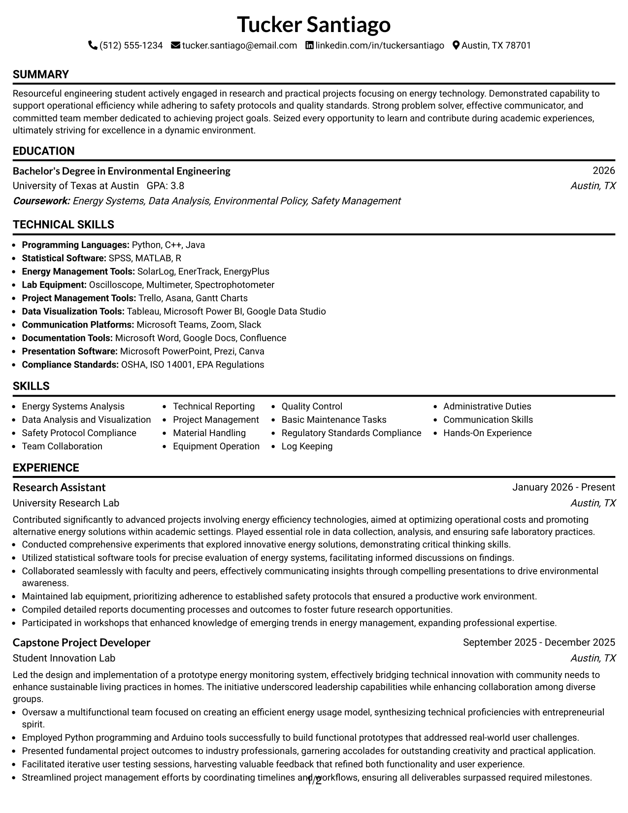 Resume Example Page 1