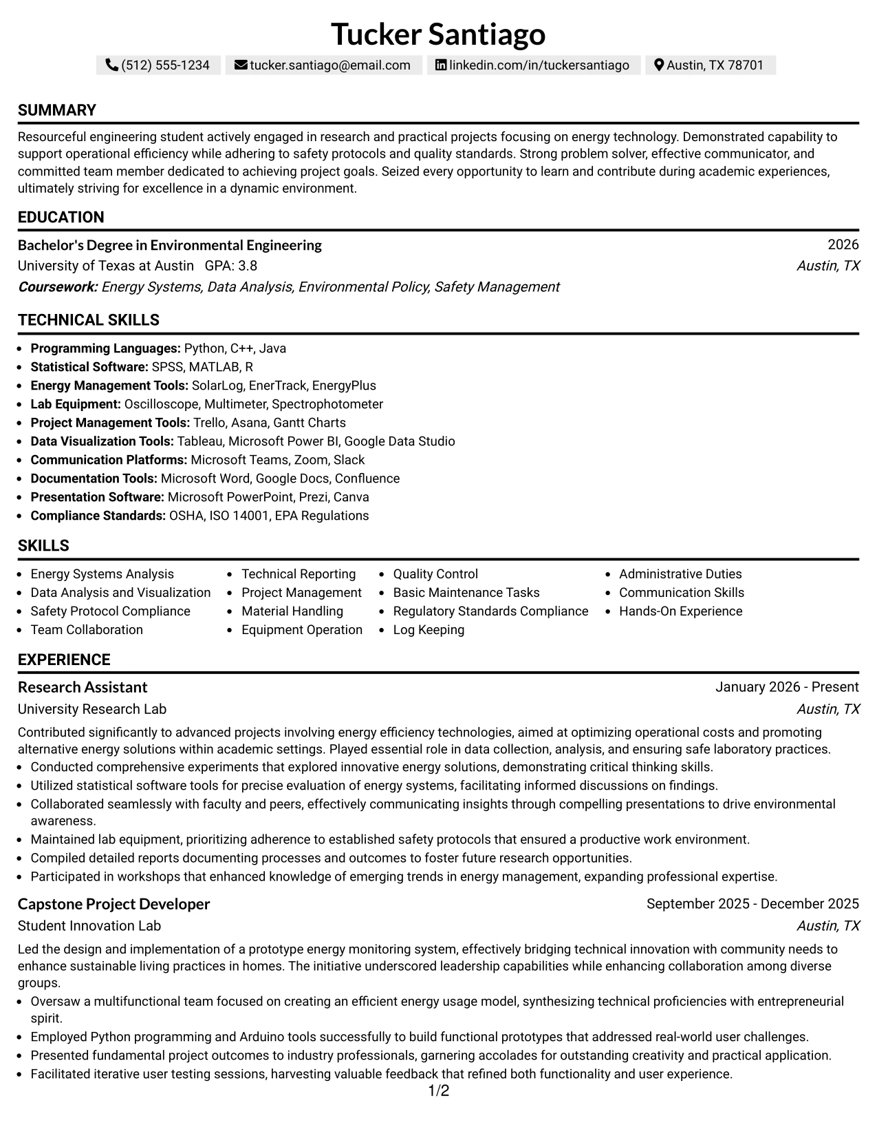 Resume Example Page 1