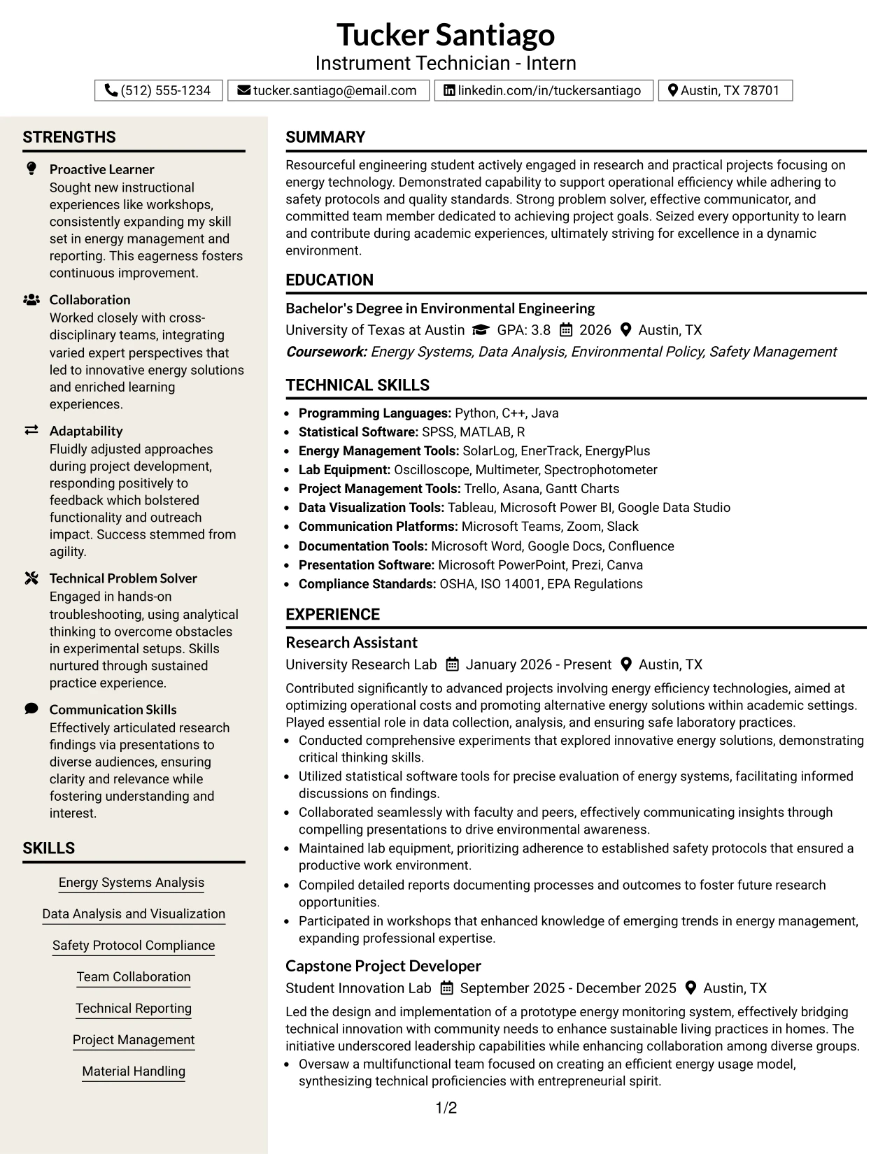 Resume Example Page 1