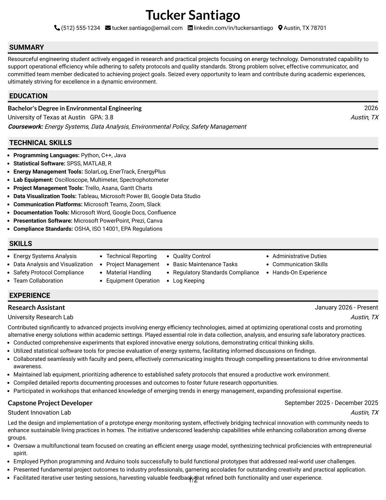 Resume Example Page 1