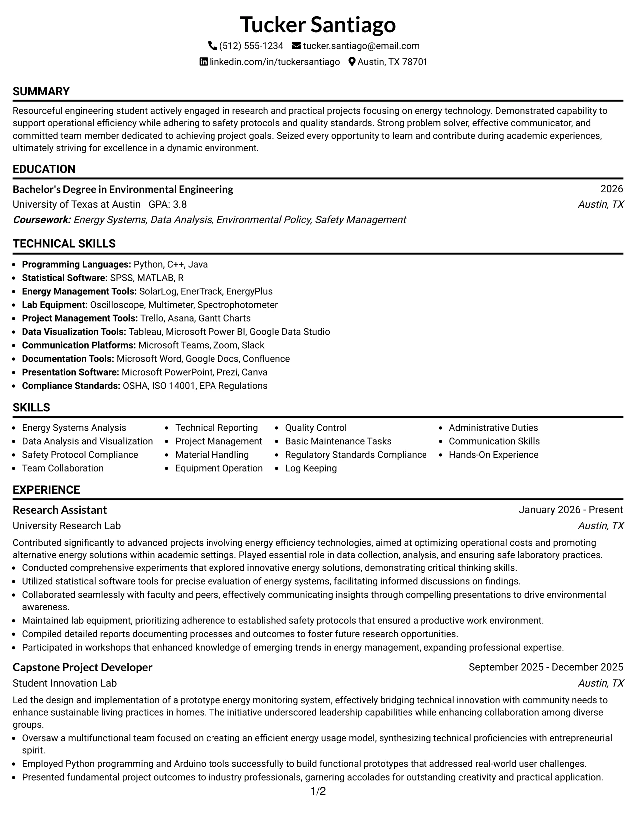 Resume Example Page 1
