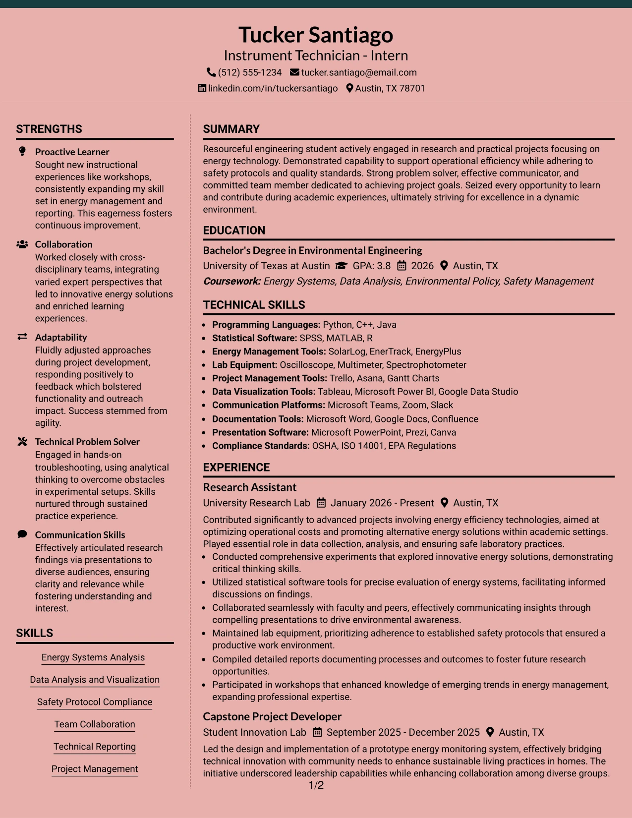 Resume Example Page 1