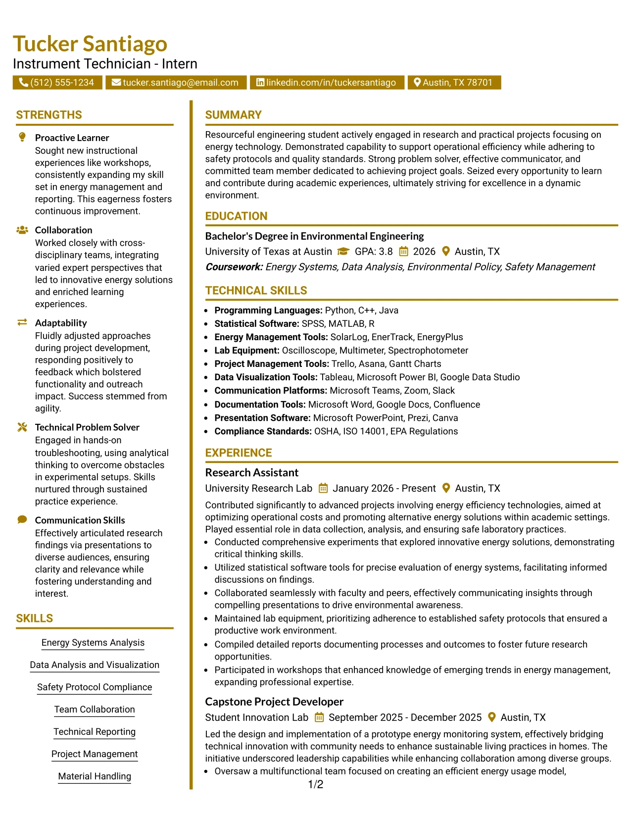 Resume Example Page 1