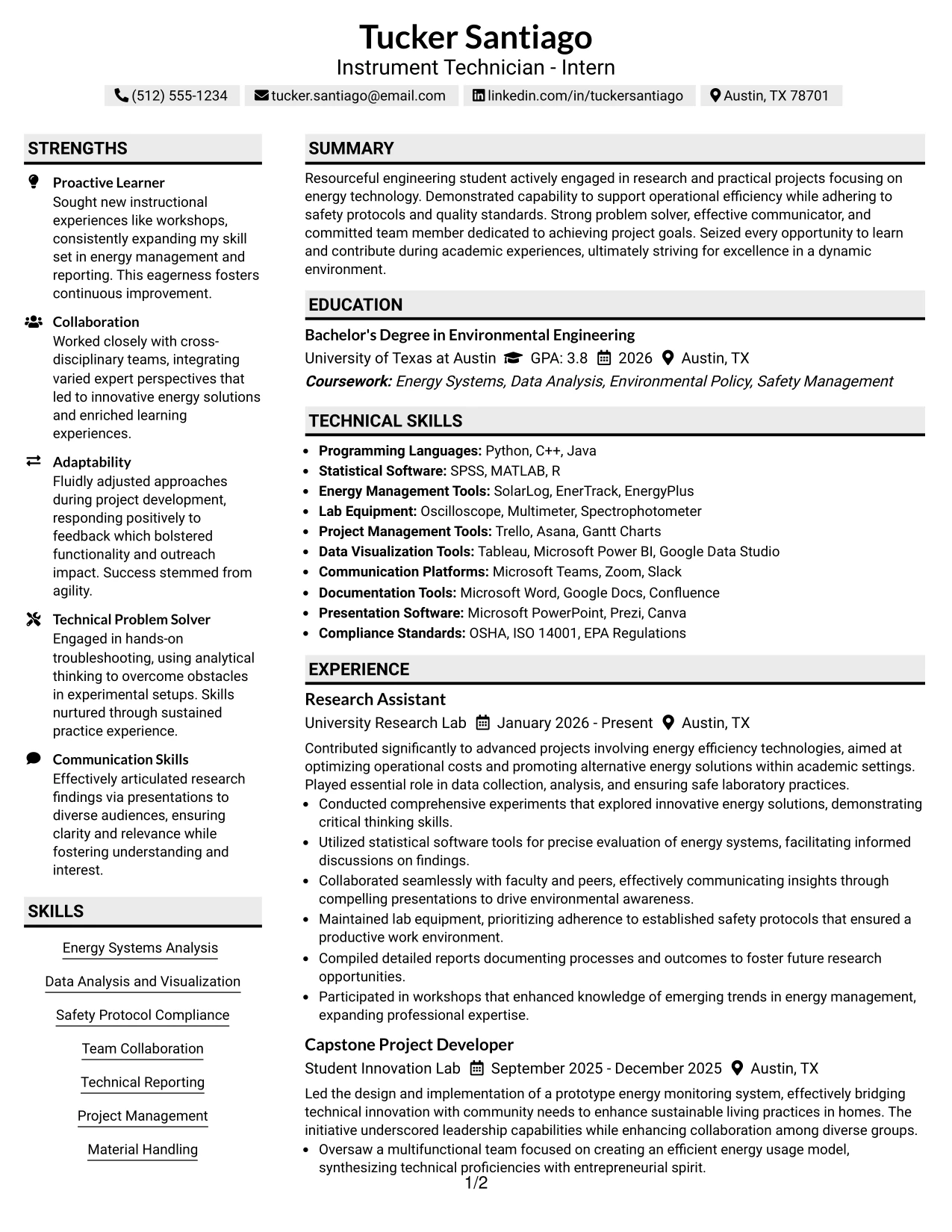 Resume Example Page 1