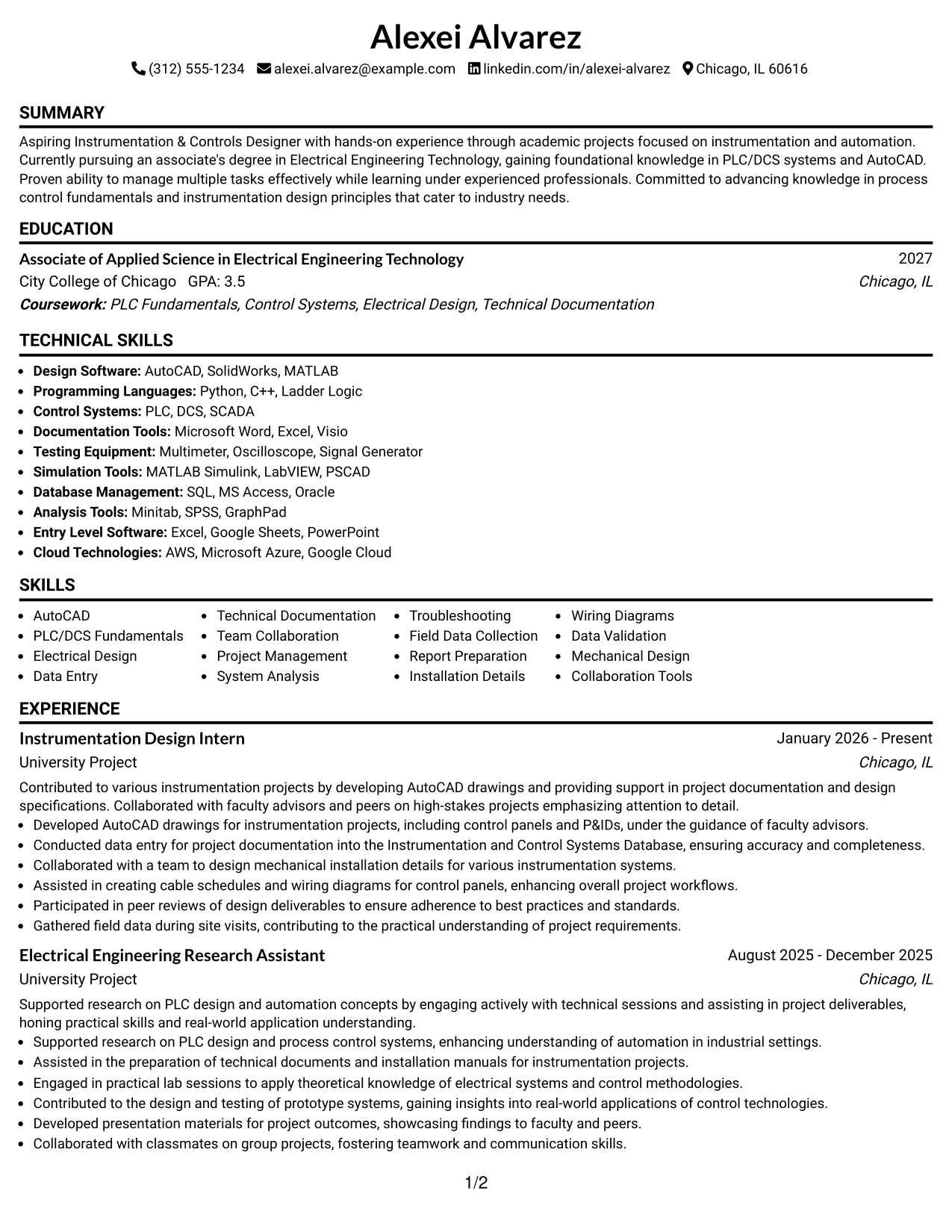Resume Example Page 1