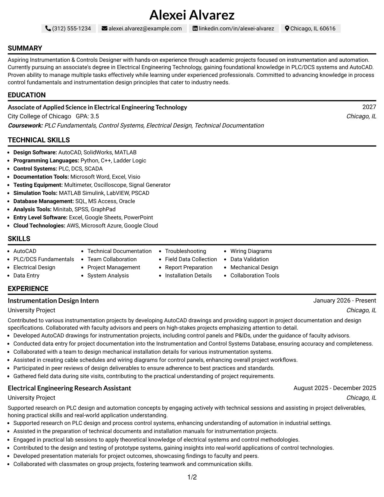 Resume Example Page 1