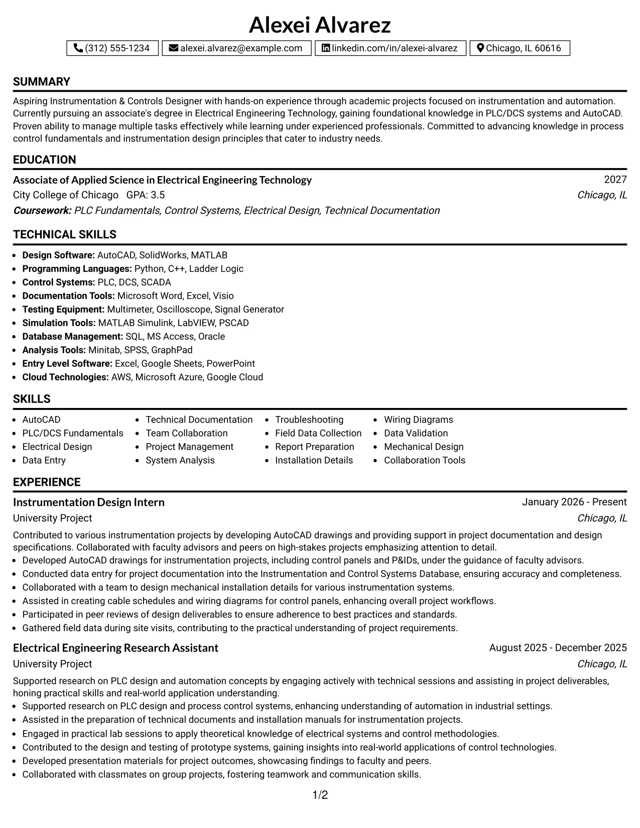 Resume Example Page 1