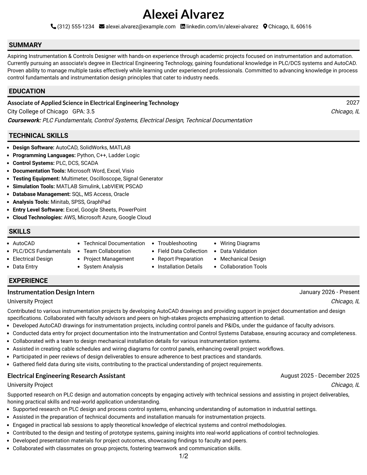 Resume Example Page 1