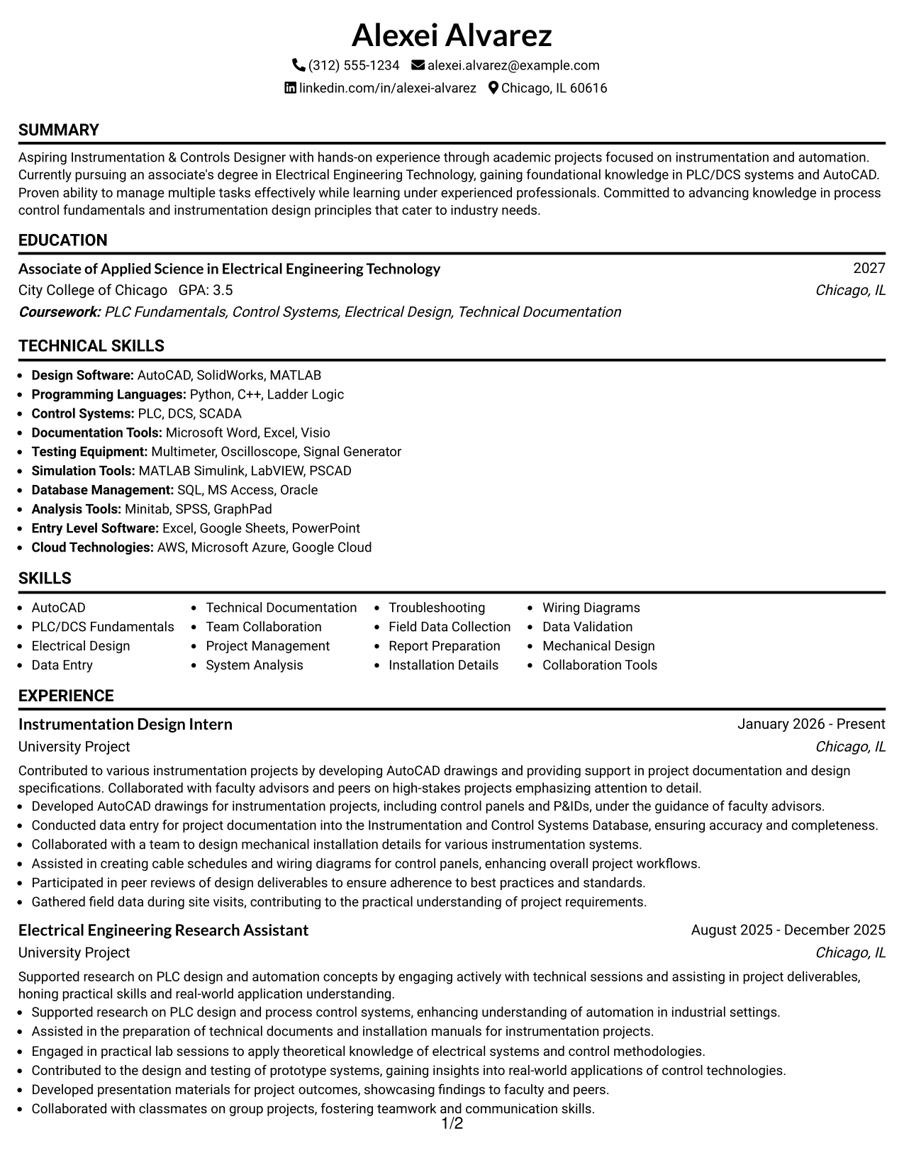 Resume Example Page 1