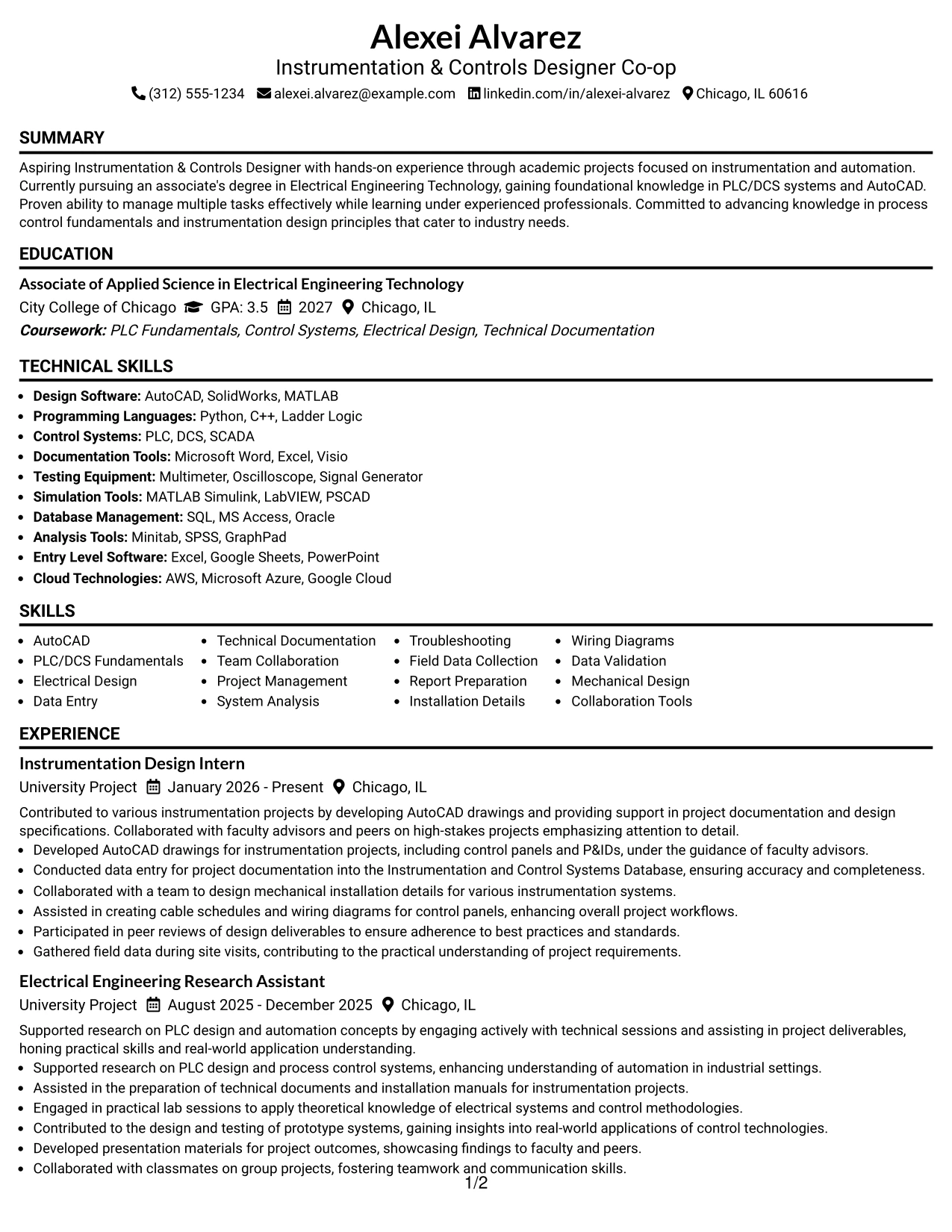 Resume Example Page 1