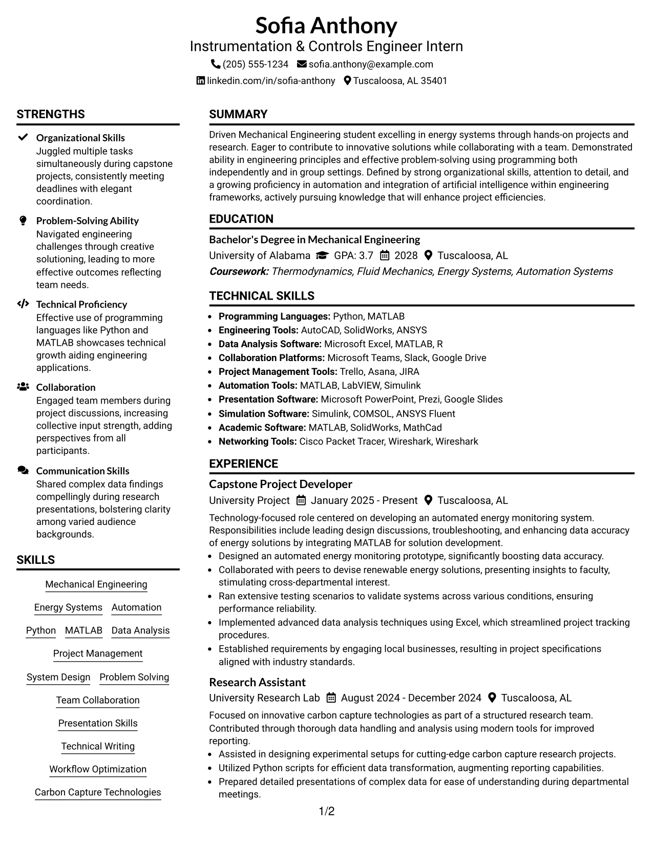 Resume Example Page 1