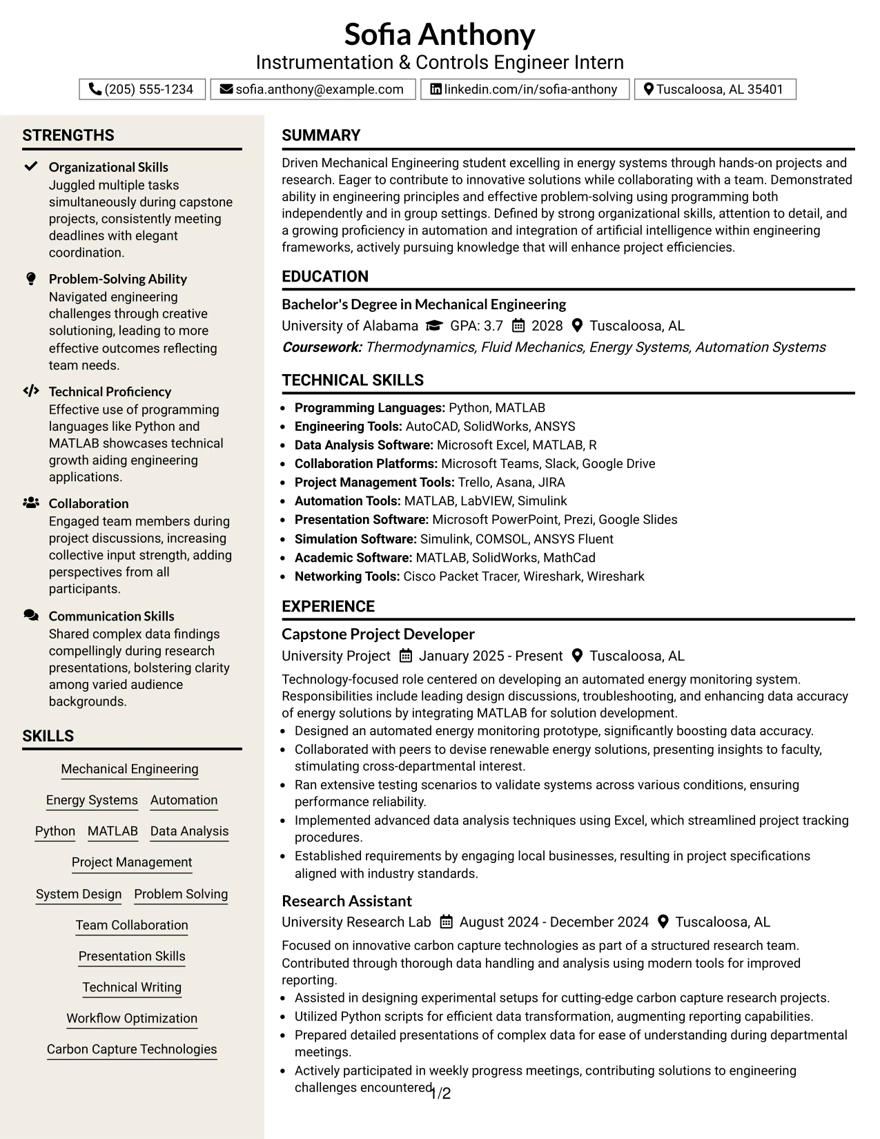 Resume Example Page 1