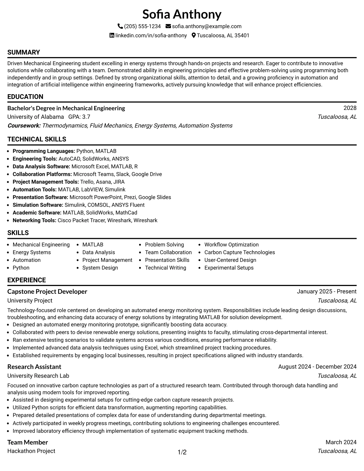 Resume Example Page 1