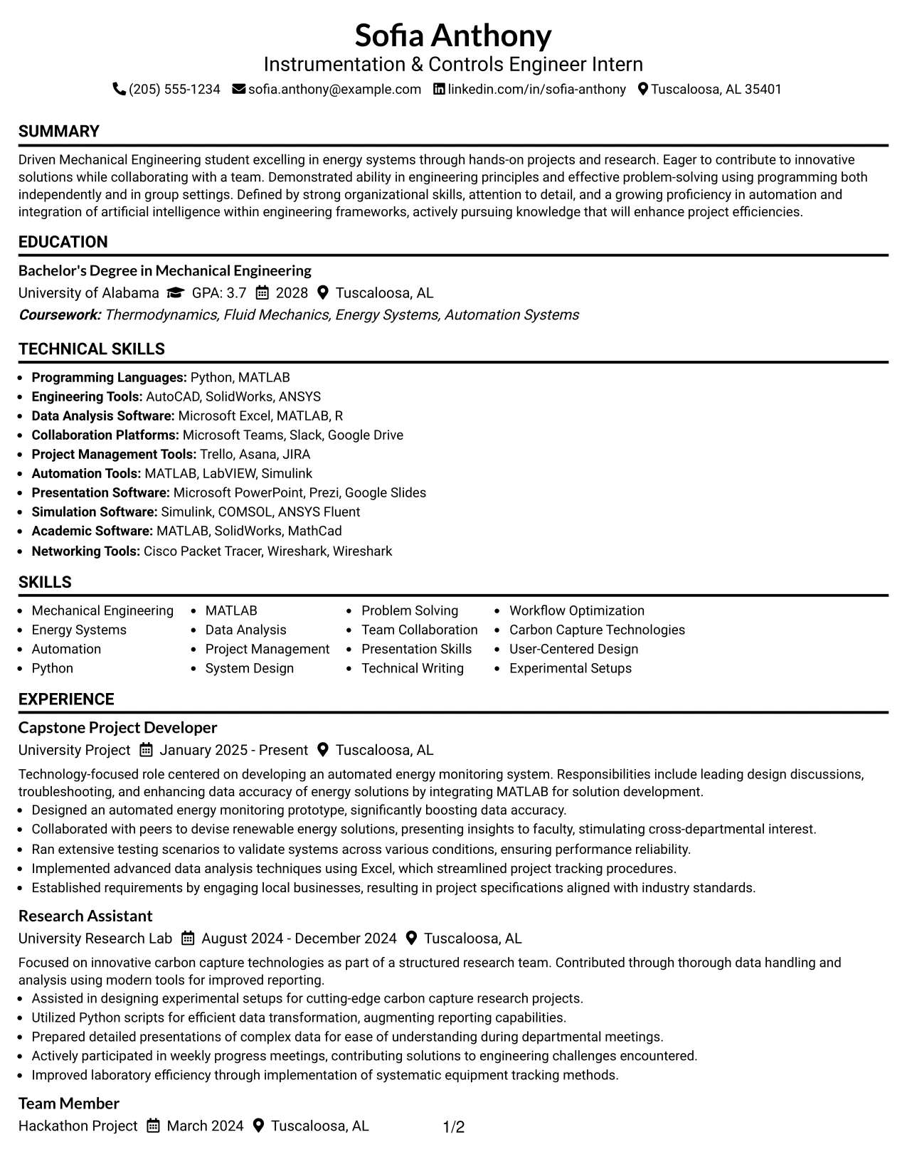 Resume Example Page 1