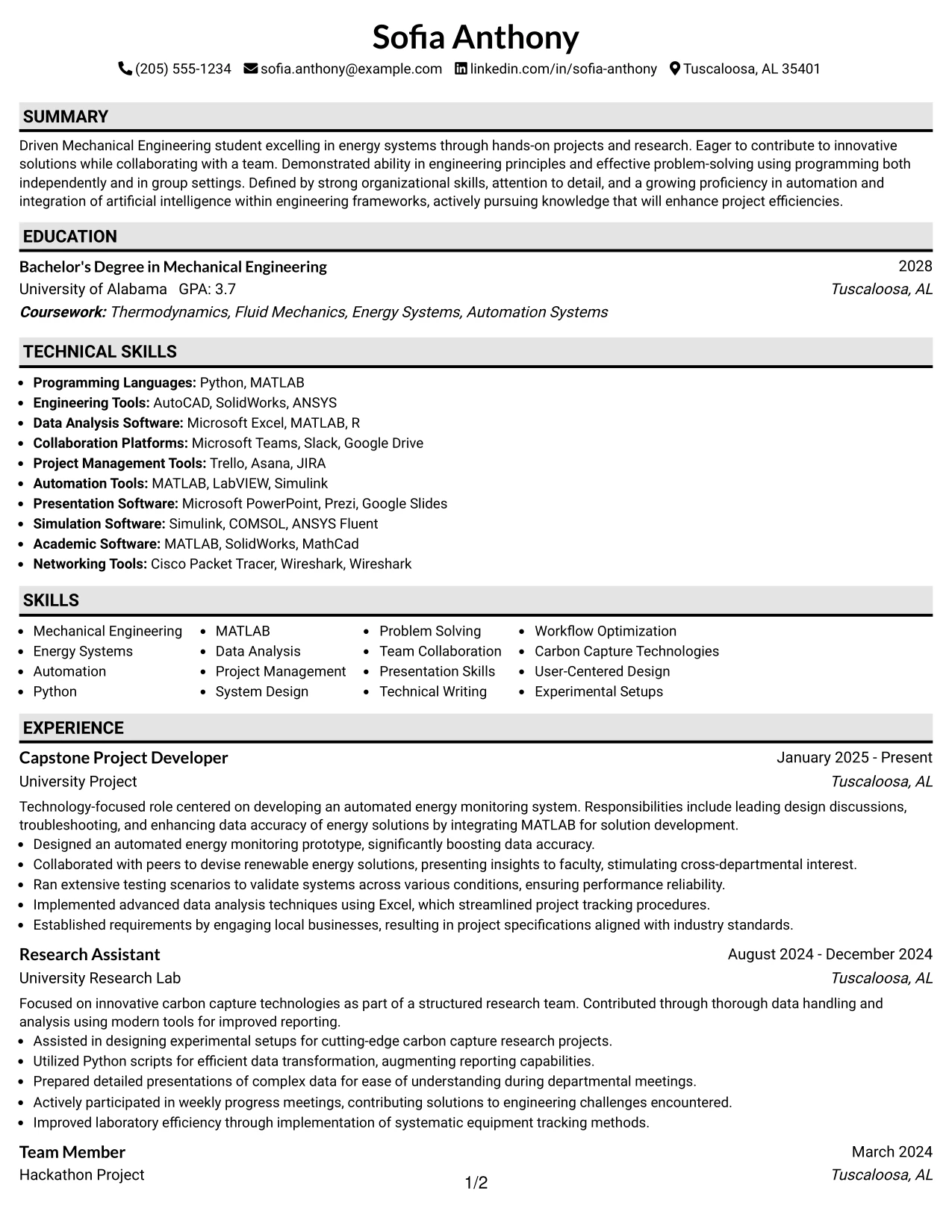 Resume Example Page 1