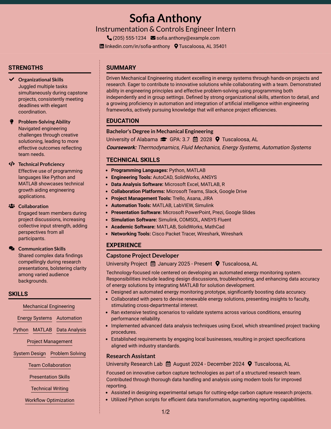 Resume Example Page 1