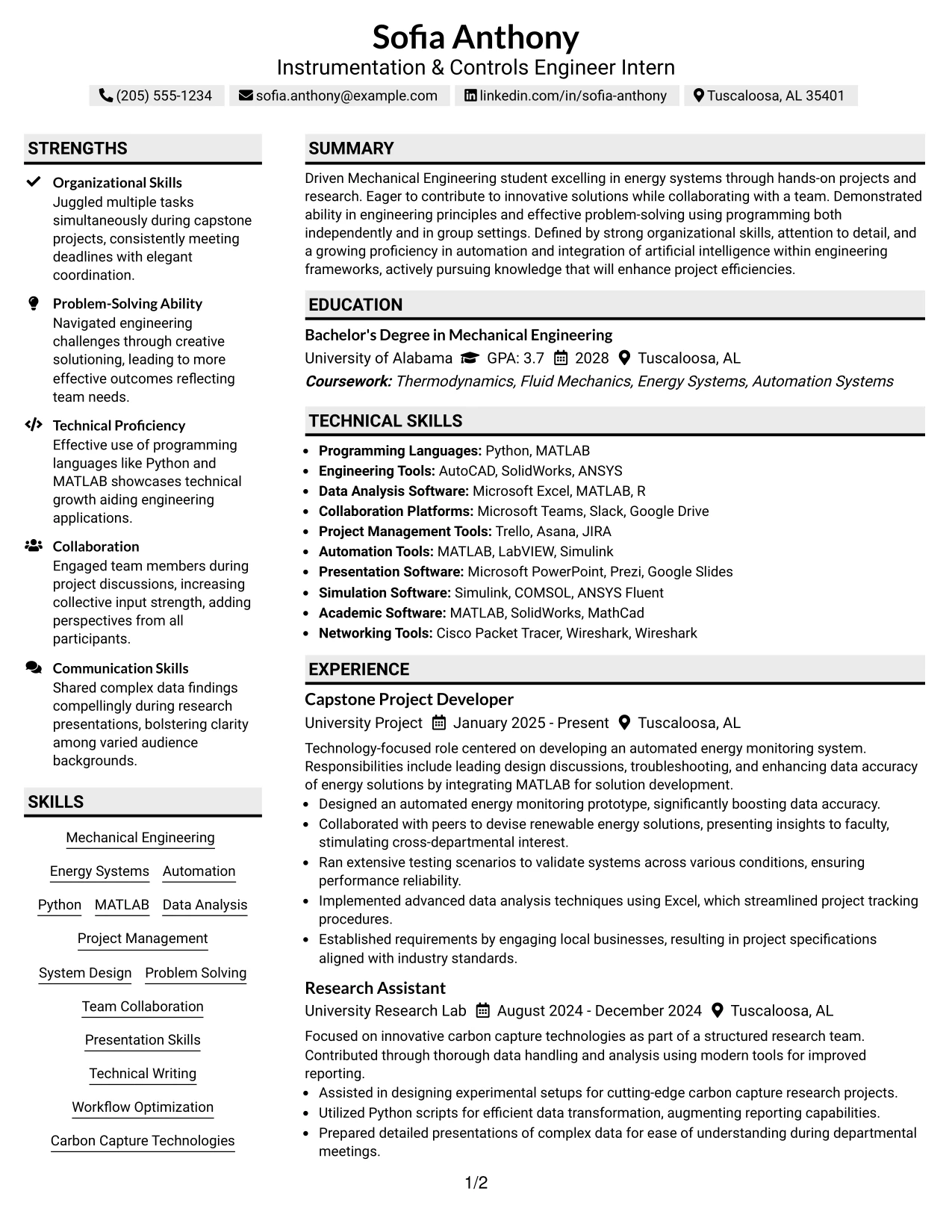 Resume Example Page 1