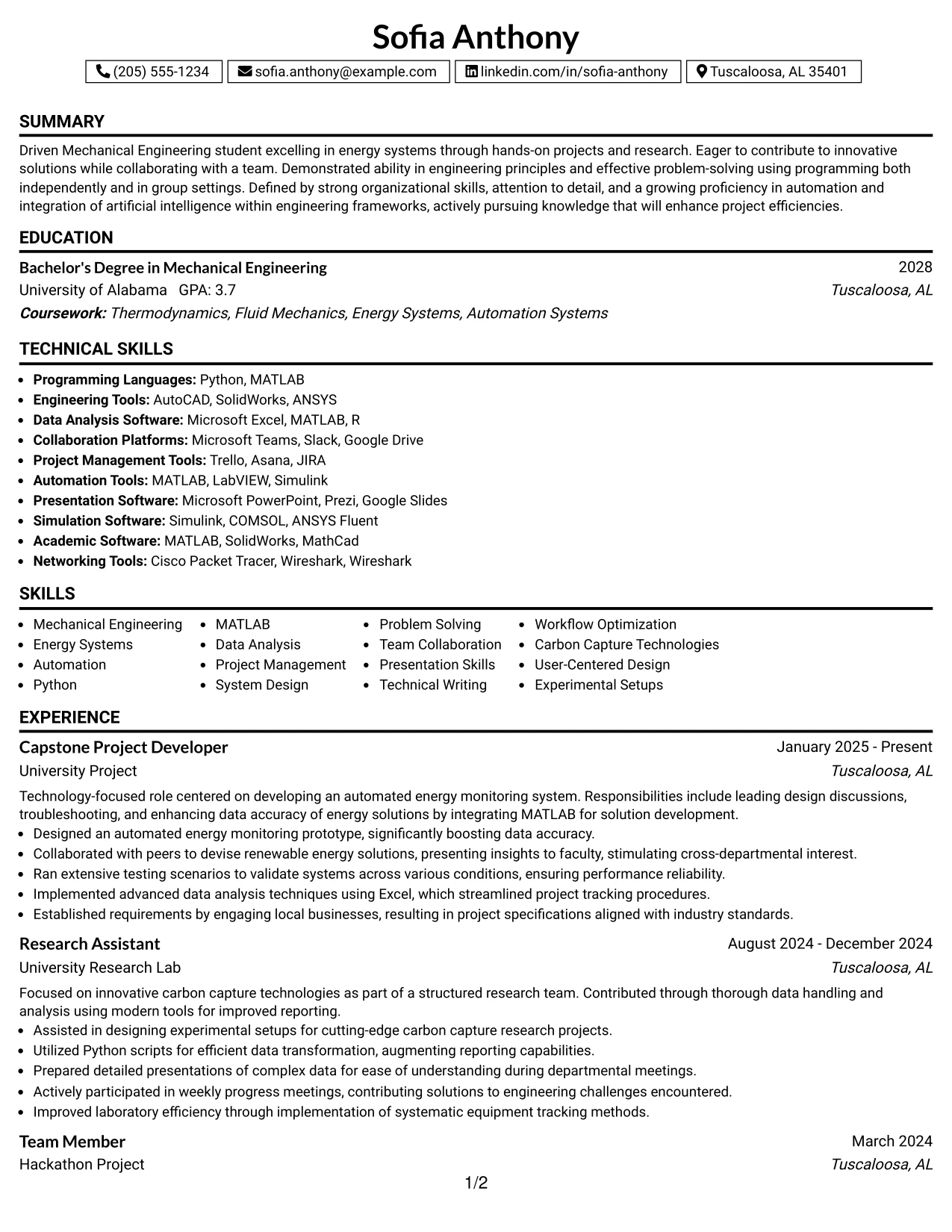 Resume Example Page 1