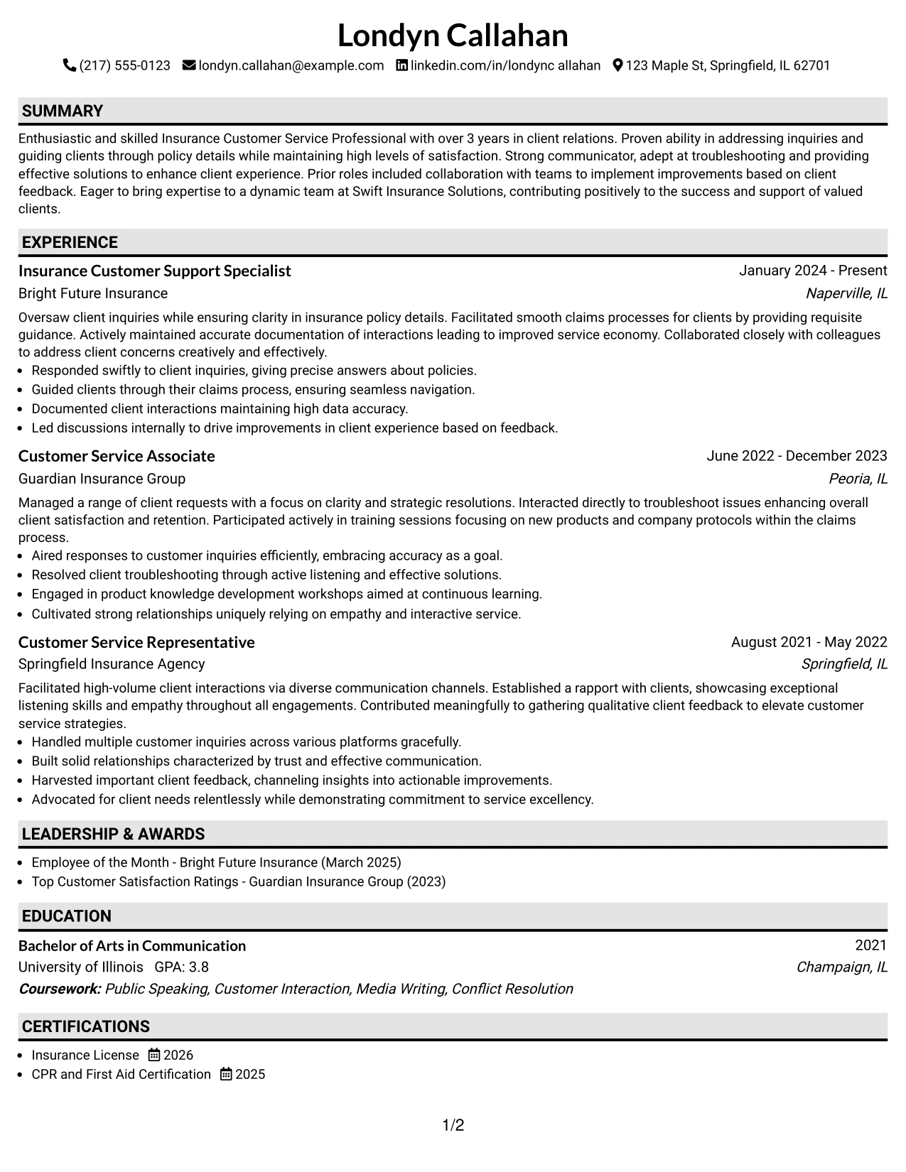 Resume Example Page 1