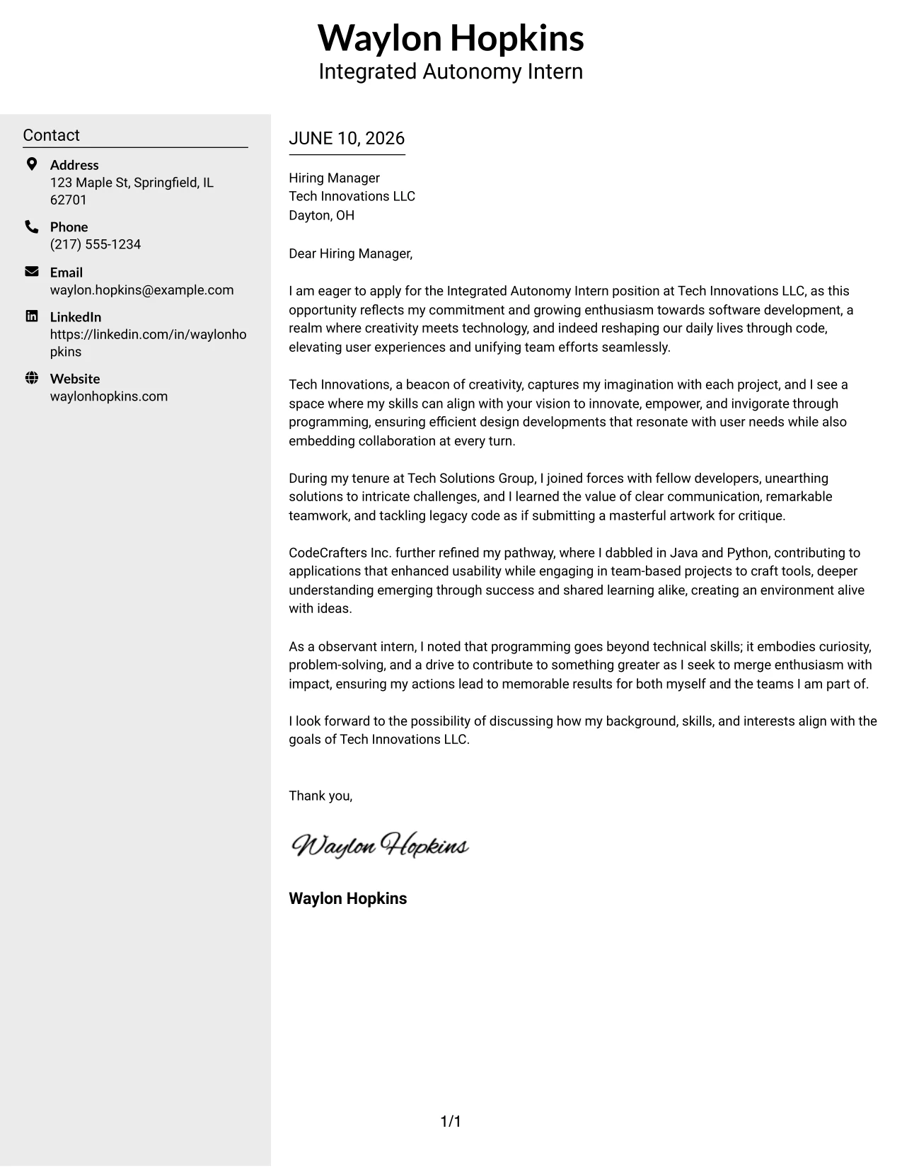 Resume Example Page 1