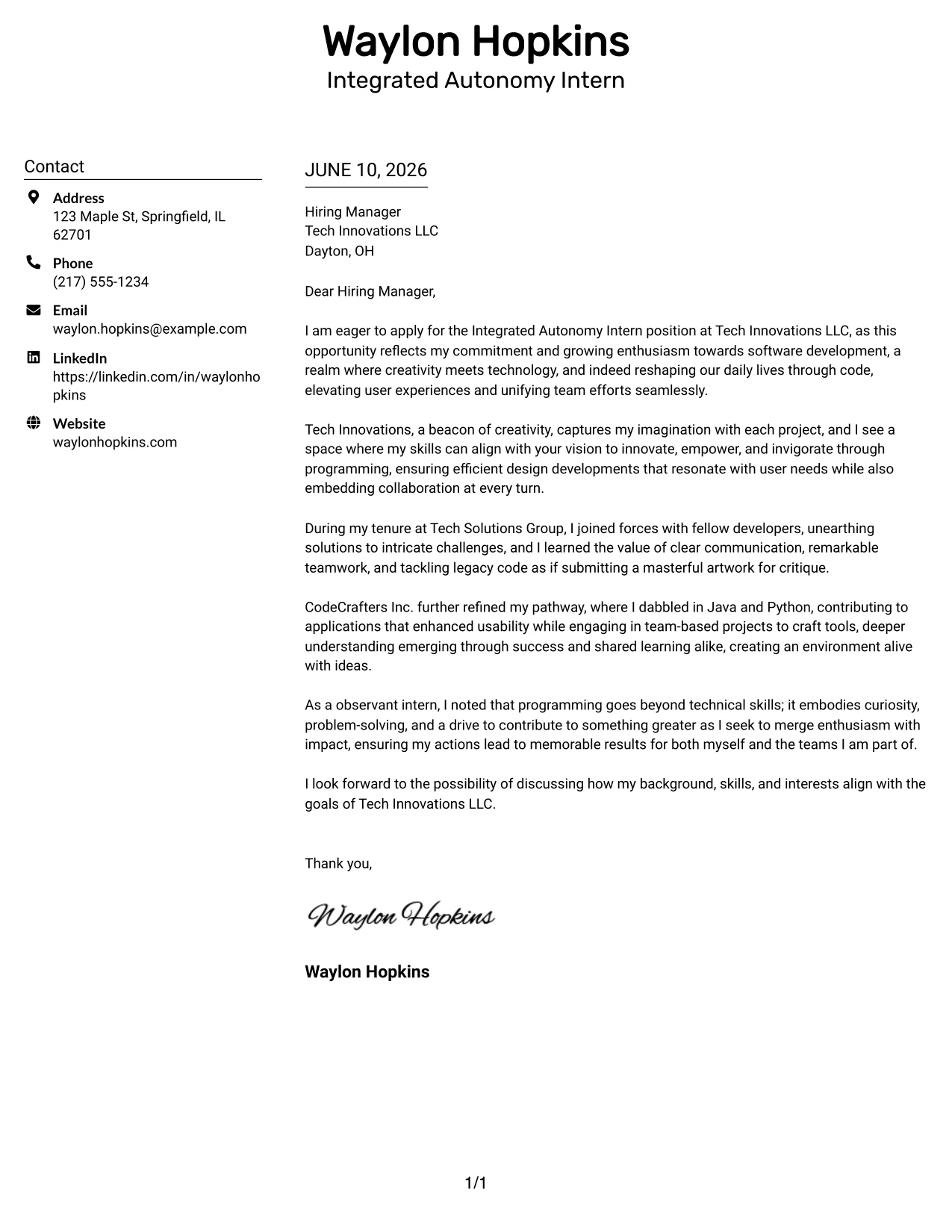 Resume Example Page 1