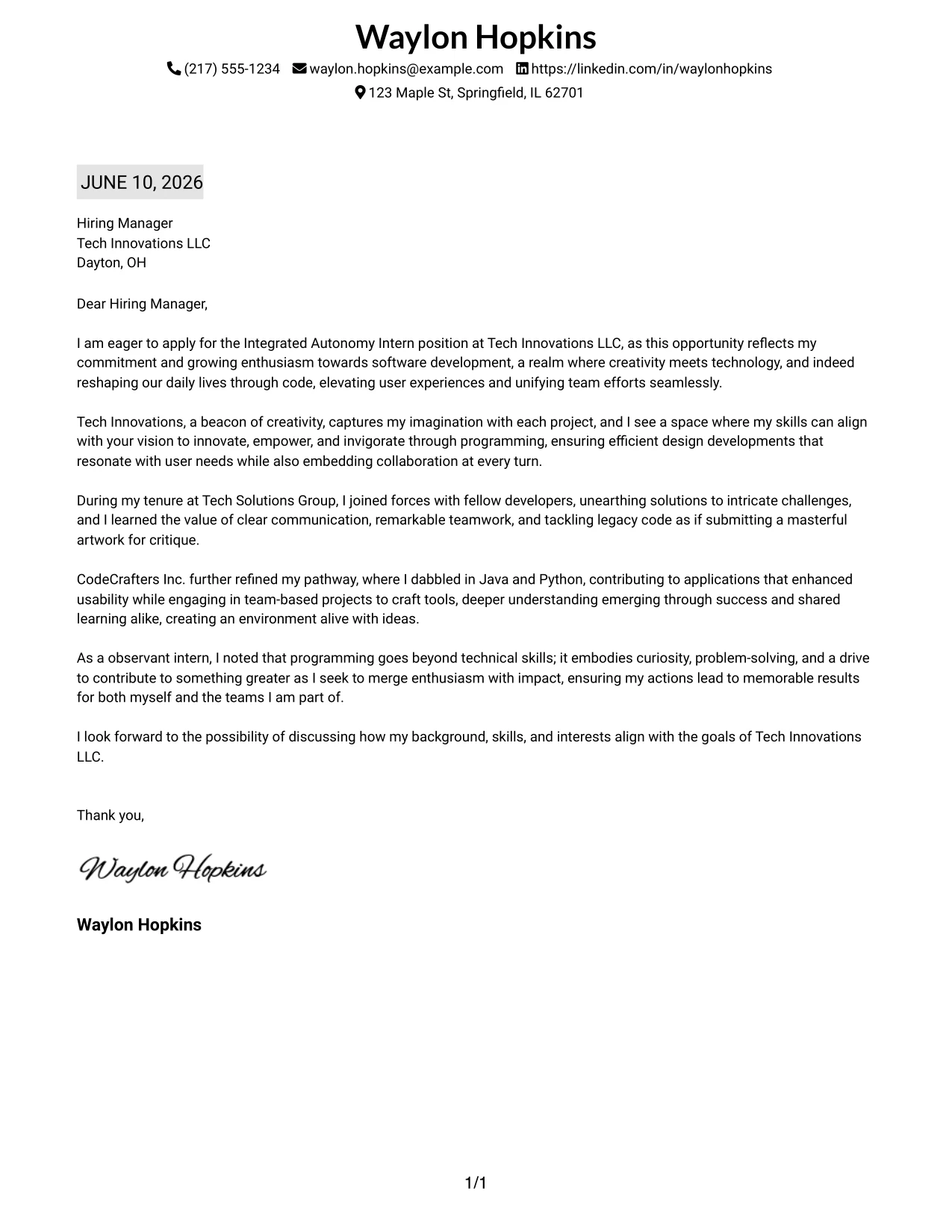 Resume Example Page 1