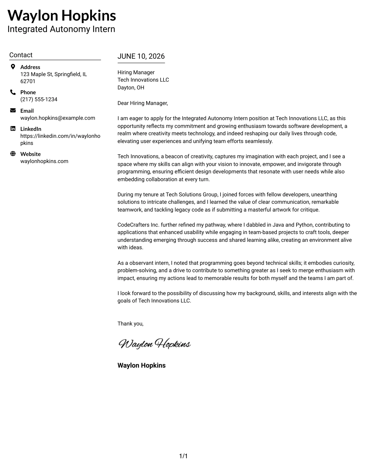 Resume Example Page 1