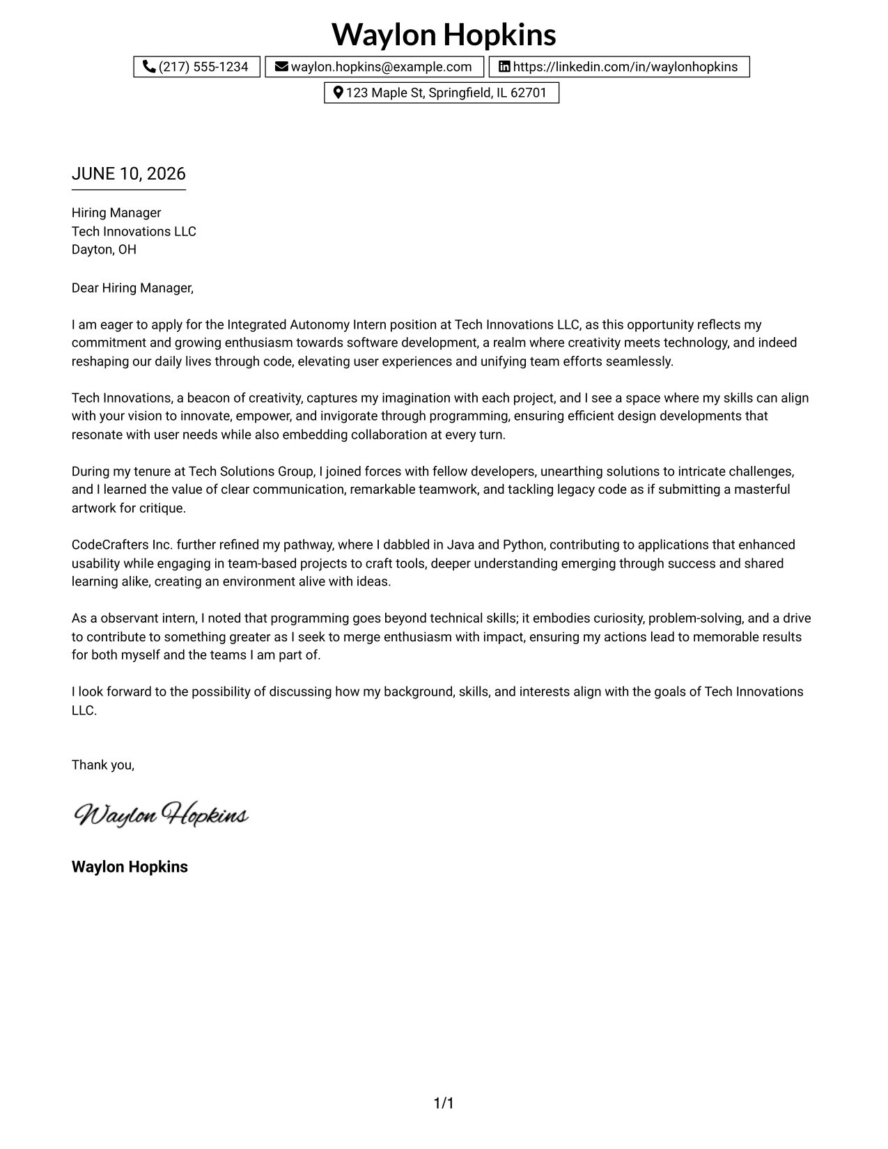 Resume Example Page 1
