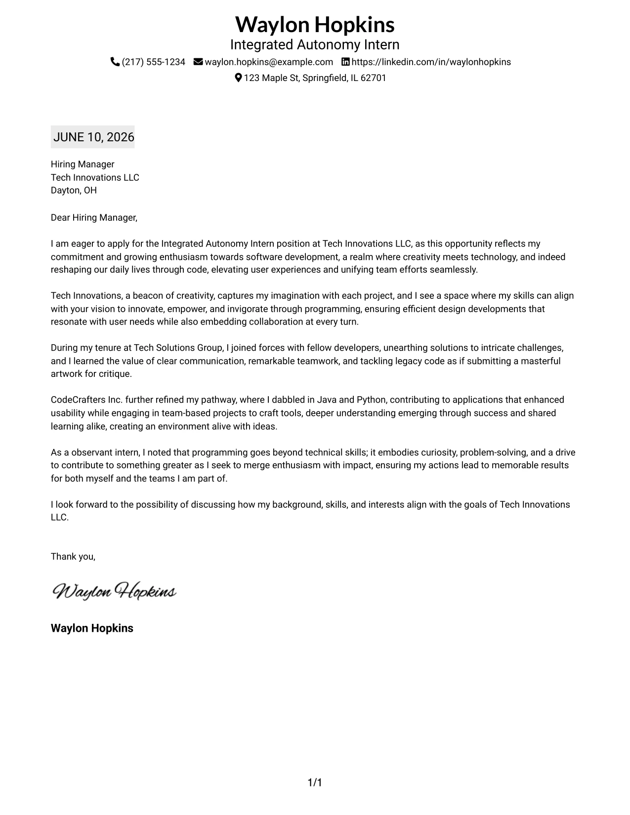 Resume Example Page 1