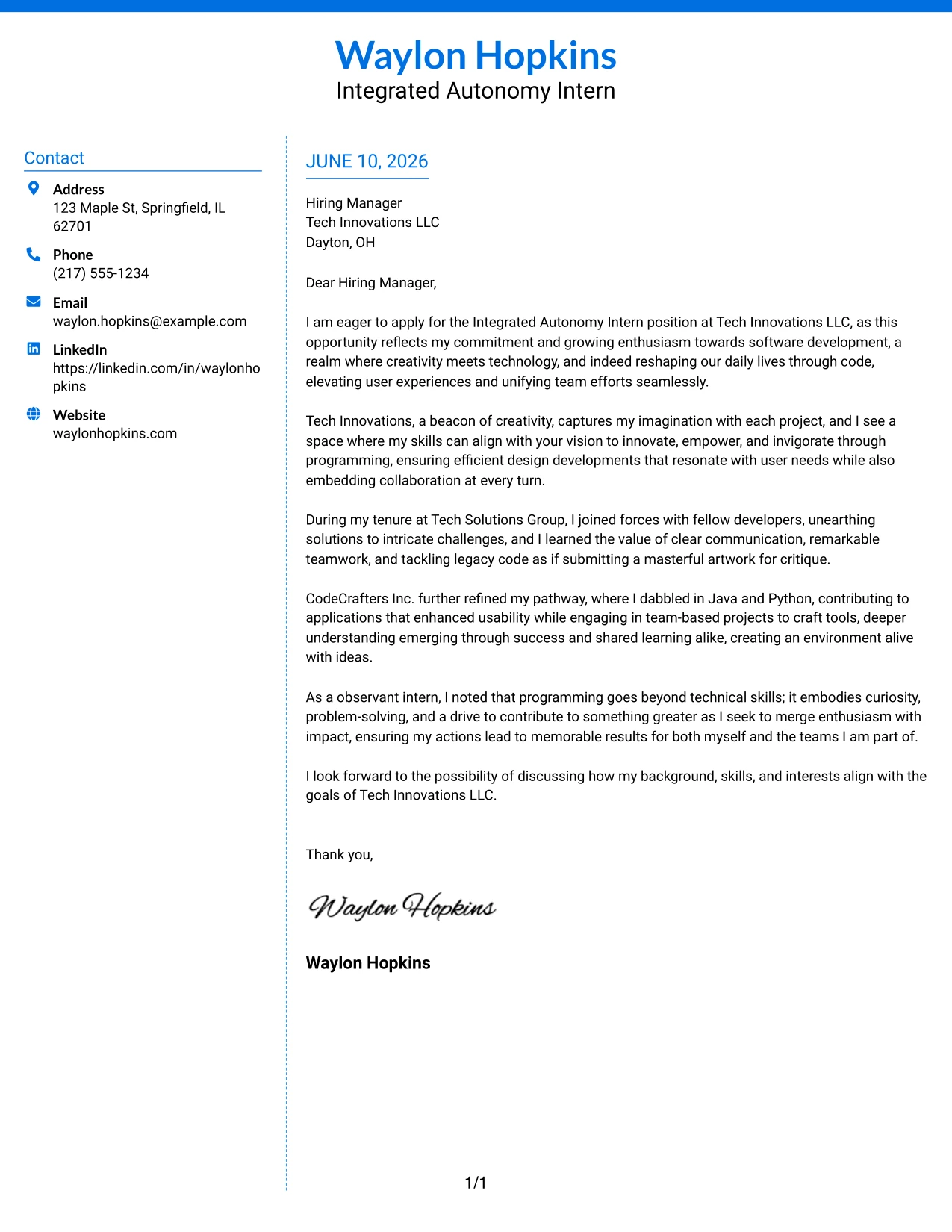 Resume Example Page 1