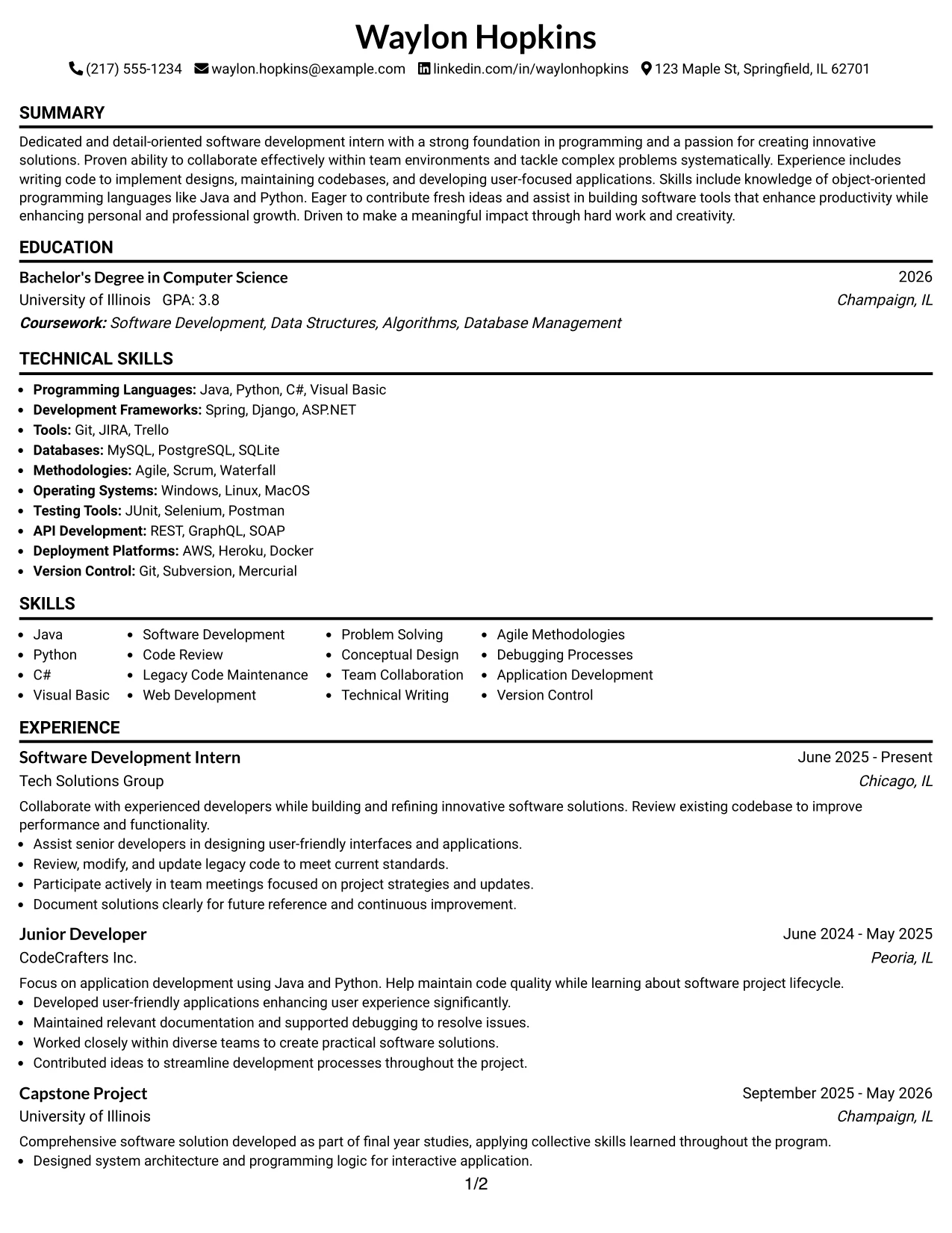 Resume Example Page 1